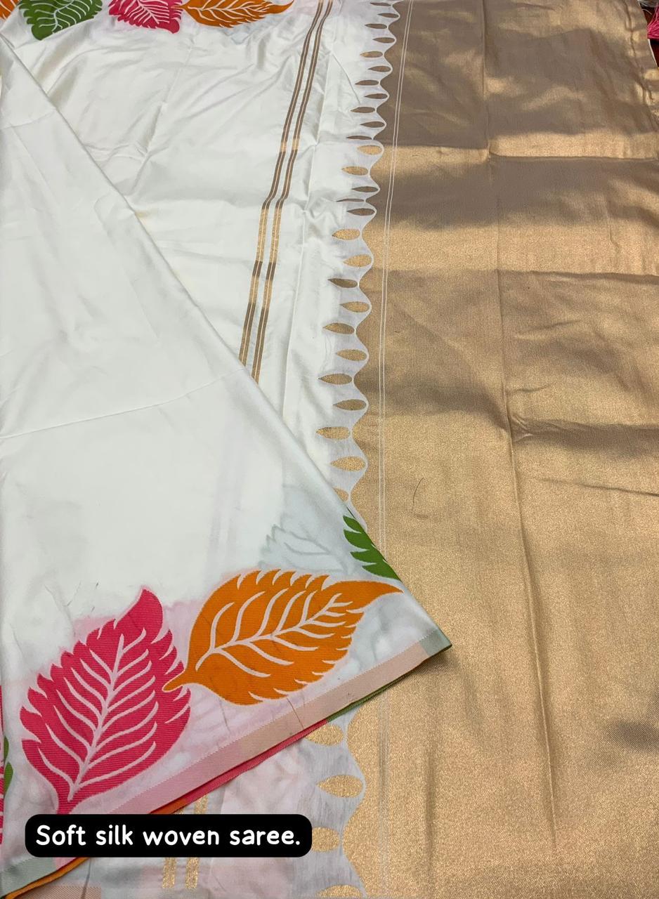 White Beauty Leaf Soft Silk Woven Saree