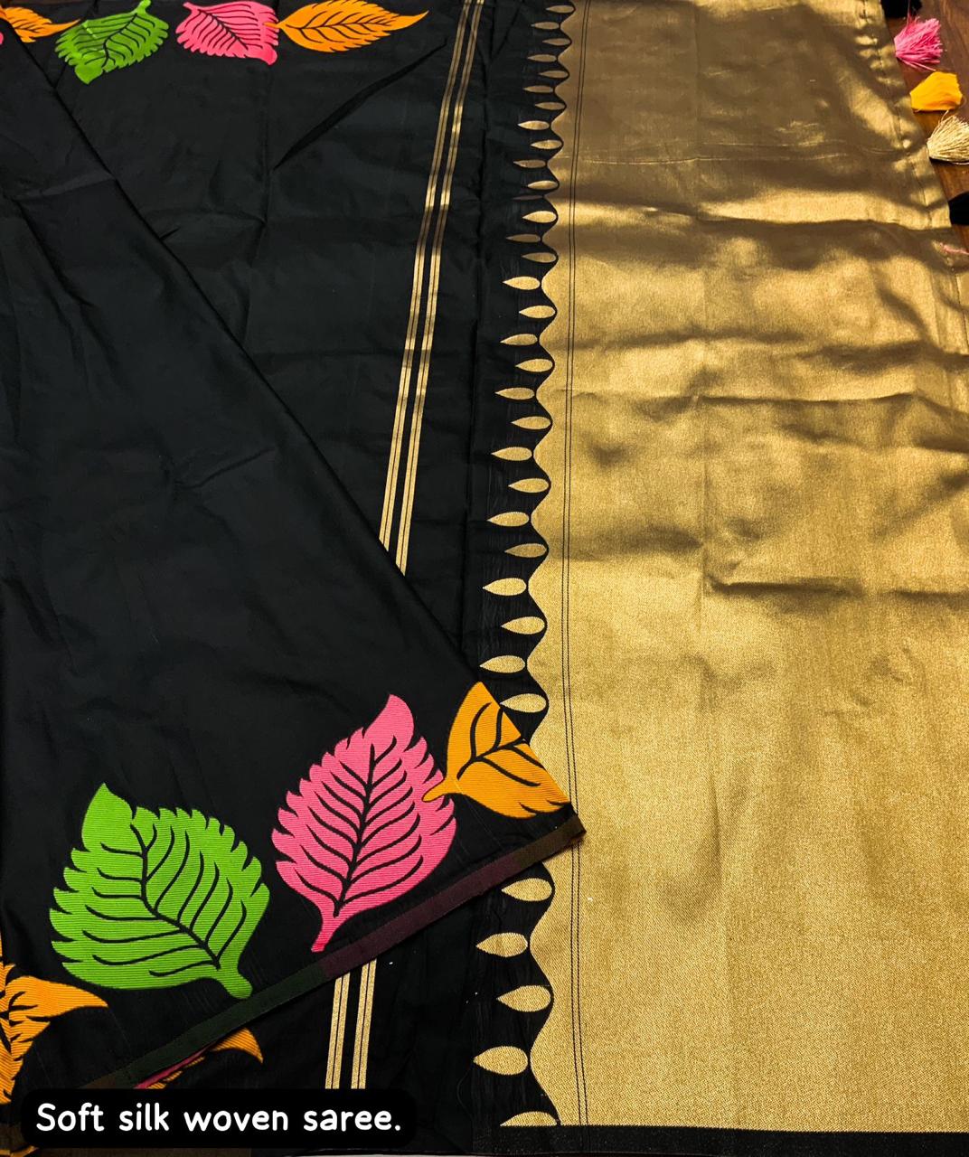 Black Beauty Leaf Soft Silk Woven Saree