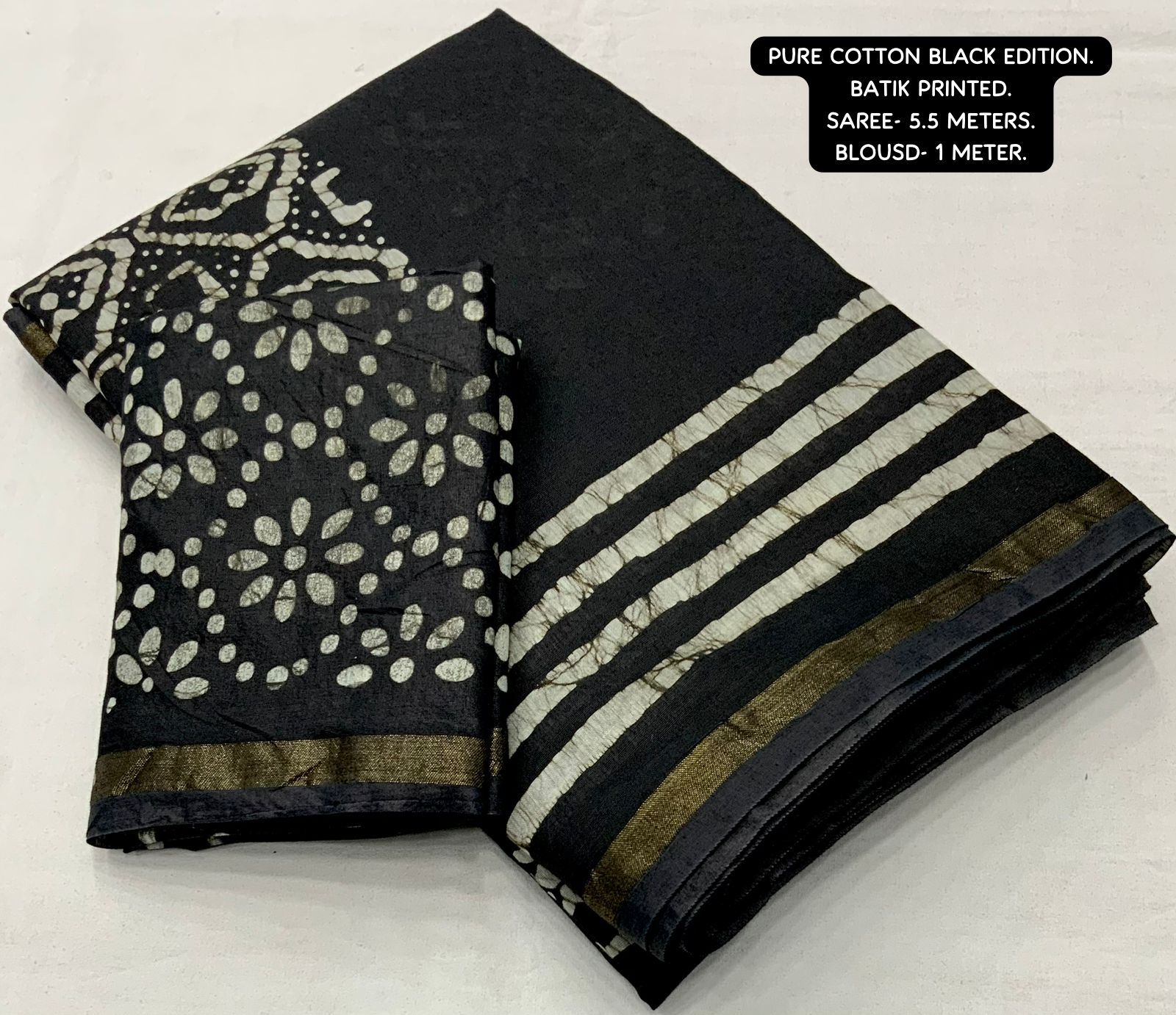 Black Pure Cotton Handblock Batik Print Sari