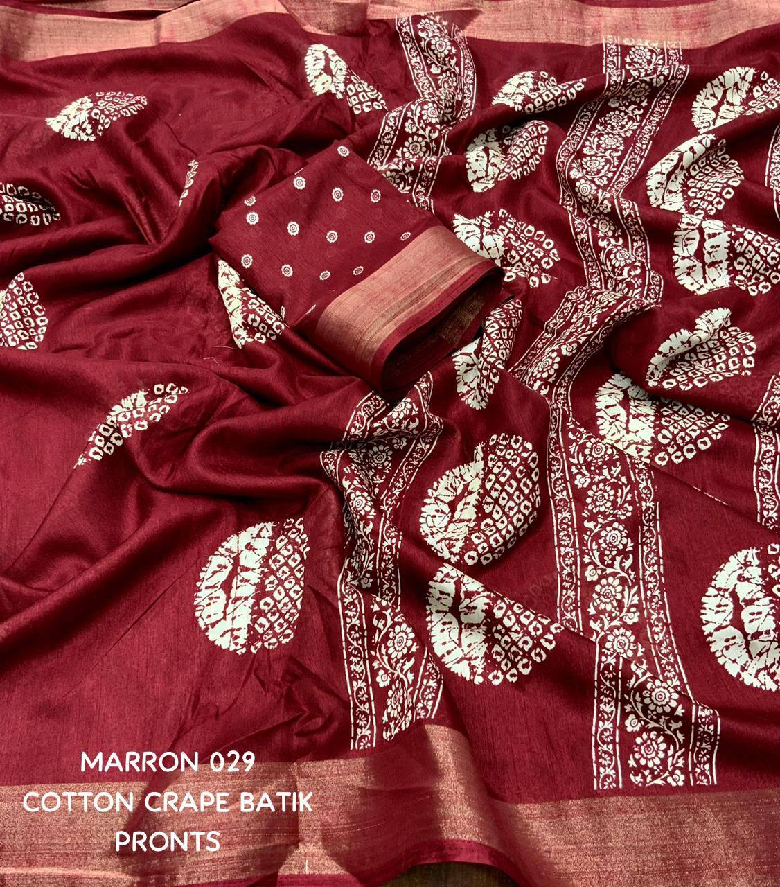 Marron Batik Printed Cotton Sari