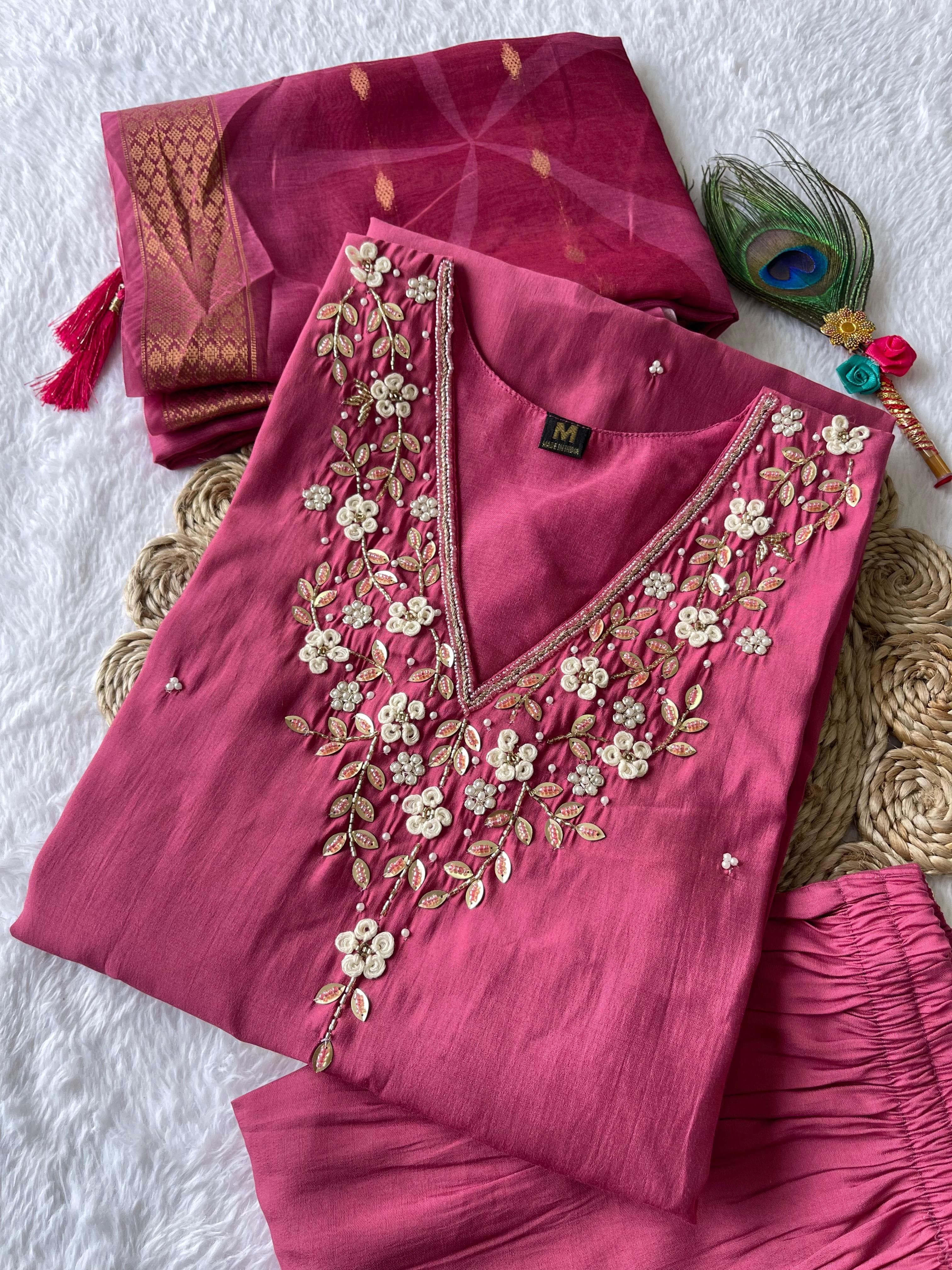 Pink Handwork Kurti Pant with Dupatta Set