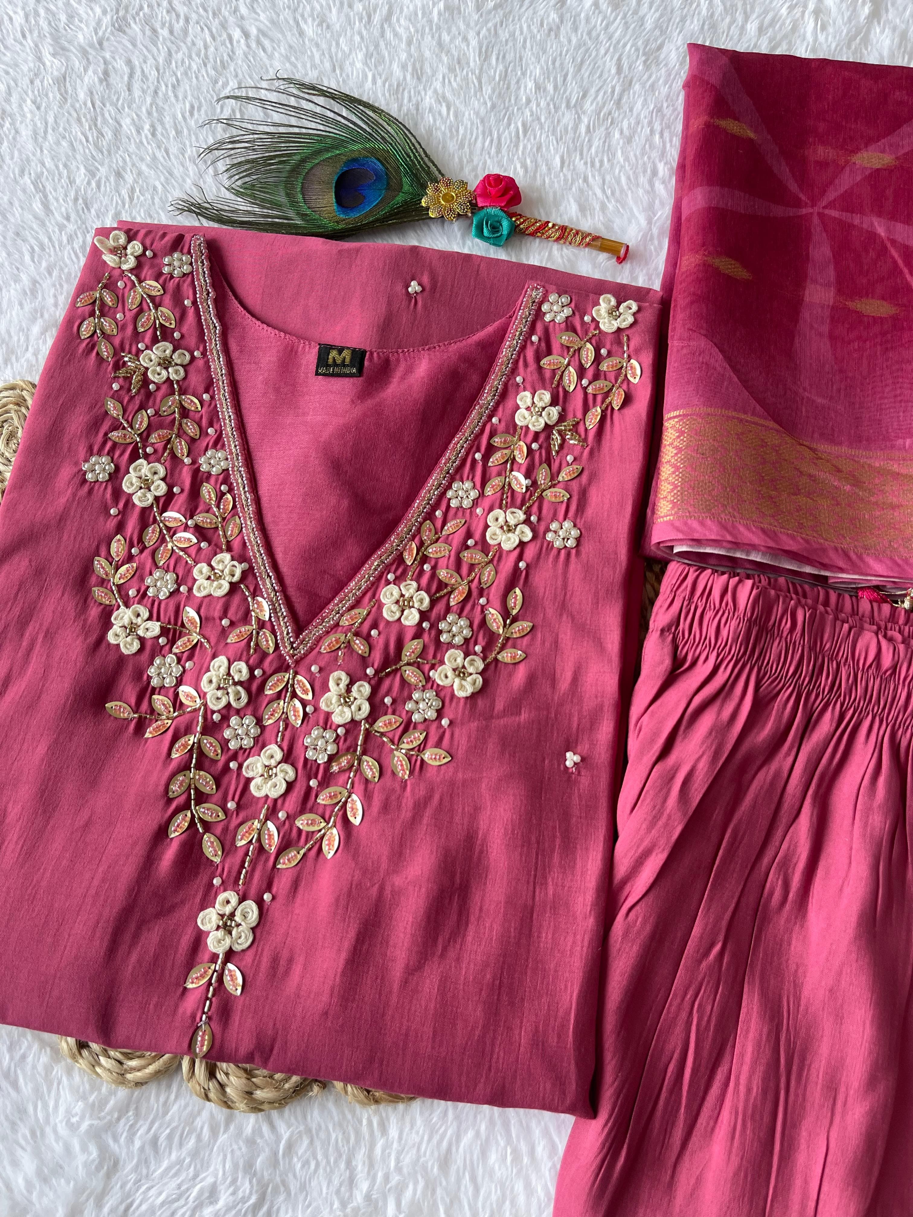 Pink Handwork Kurti Pant with Dupatta Set