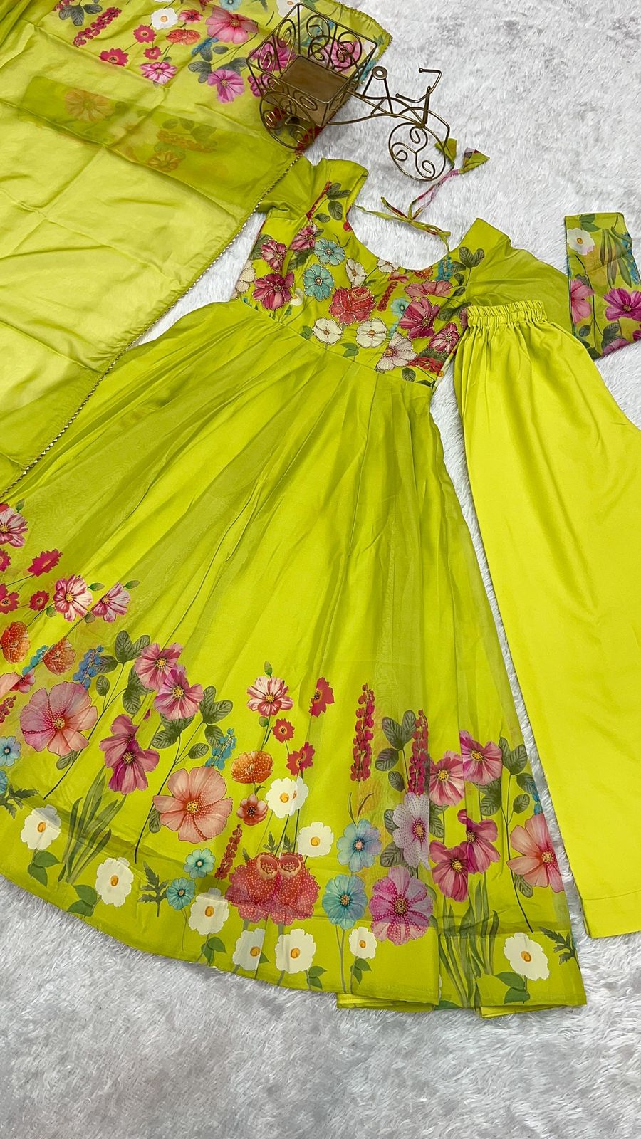 Neon Floral Anarkali Suit Pant Dupatta