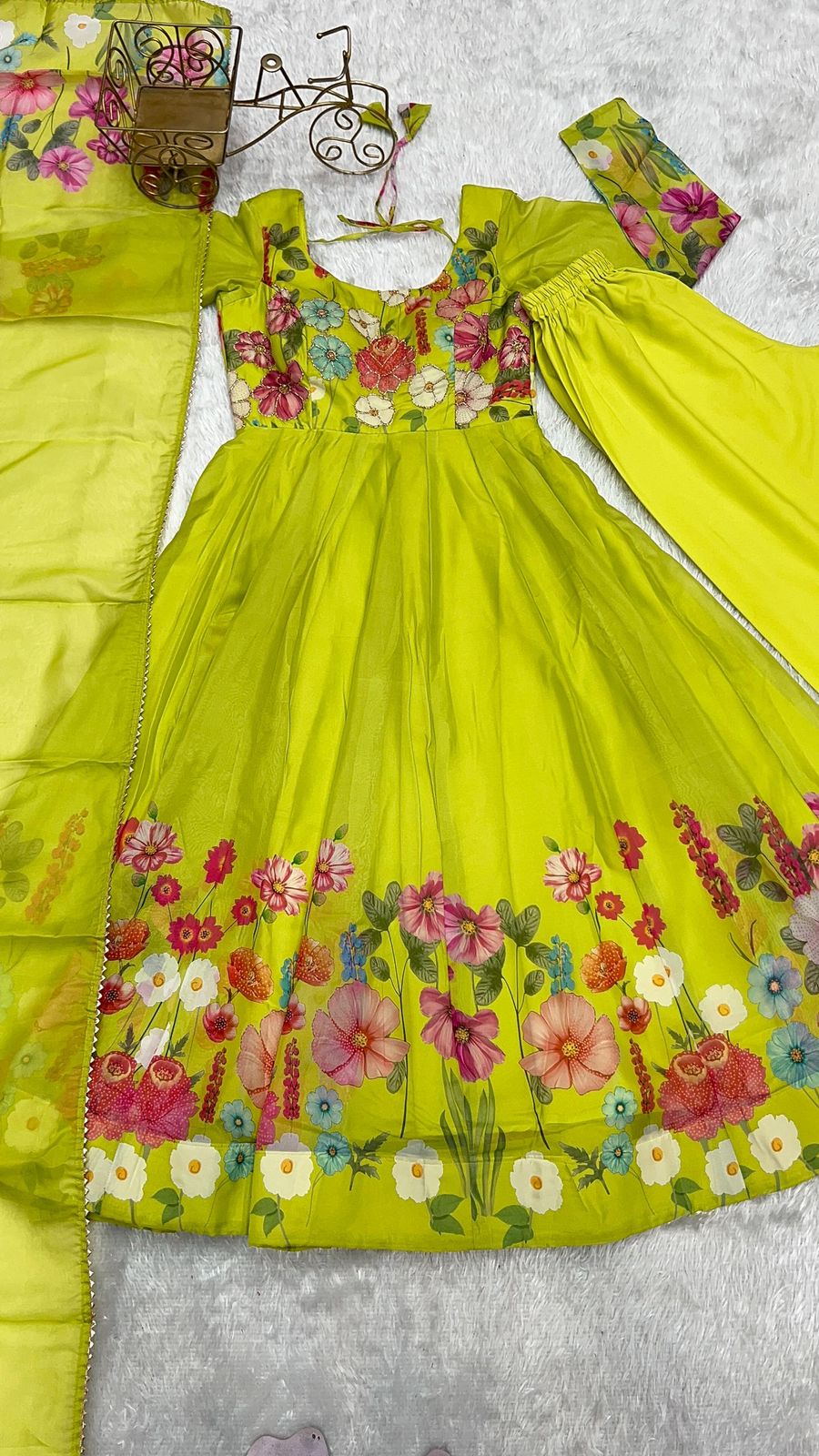 Neon Floral Anarkali Suit Pant Dupatta