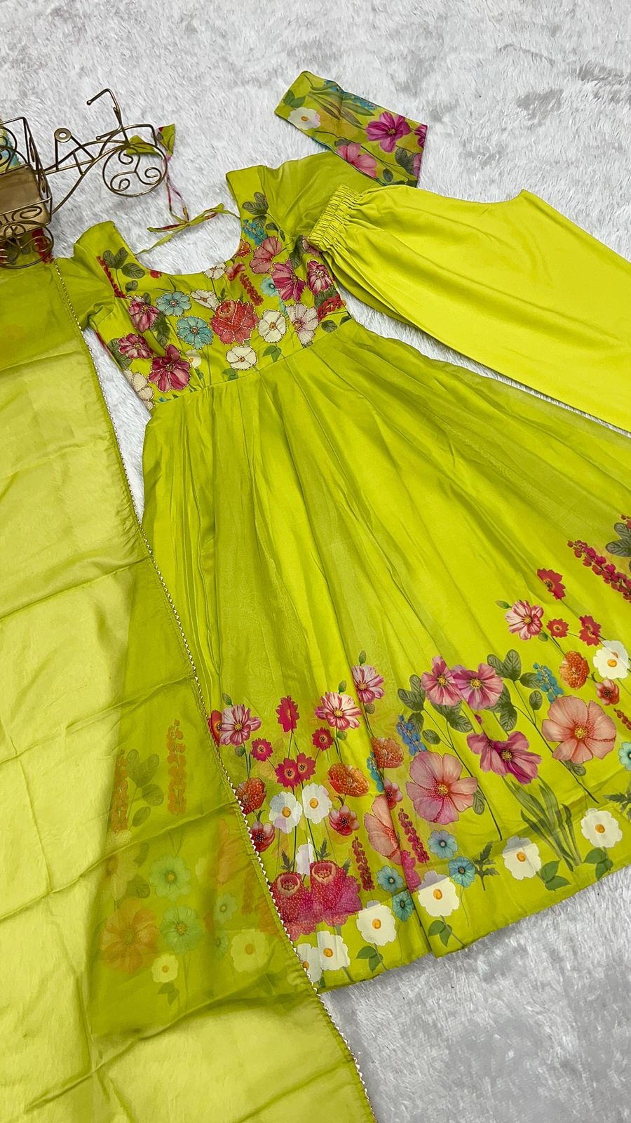 Neon Floral Anarkali Suit Pant Dupatta