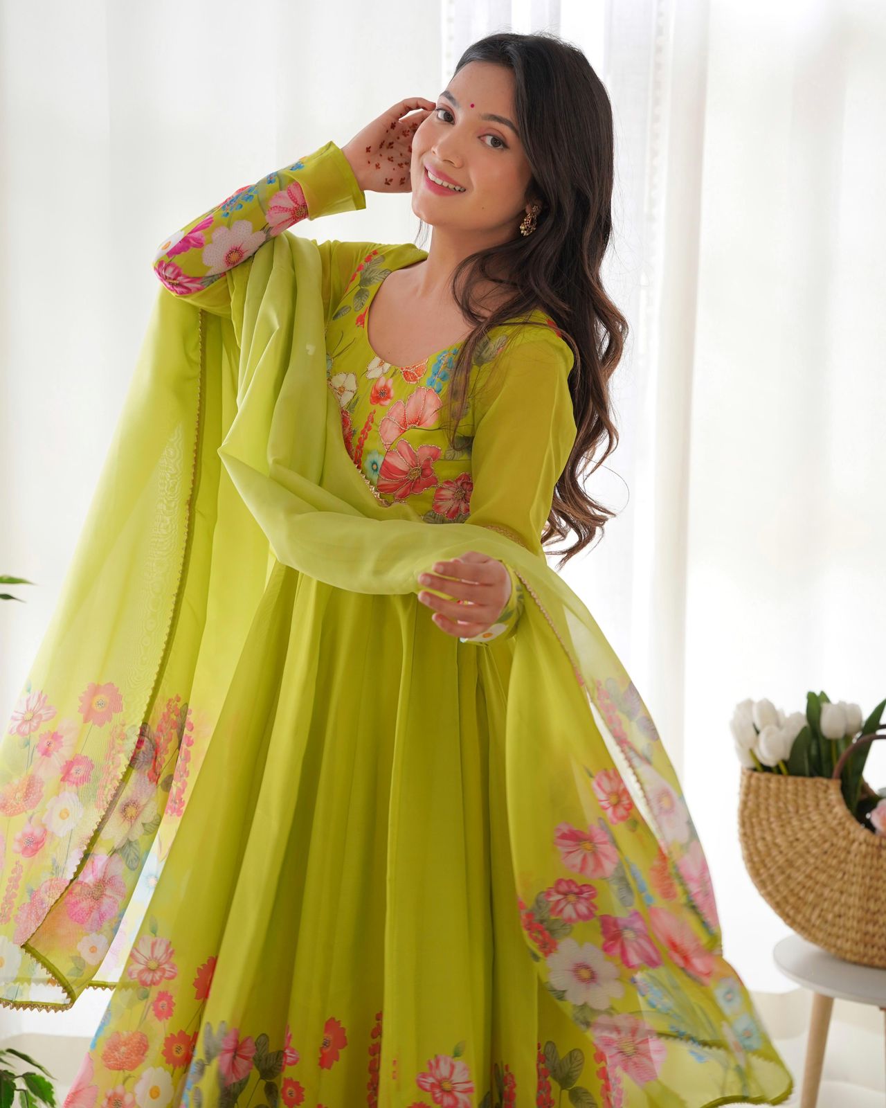 Neon Floral Anarkali Suit Pant Dupatta