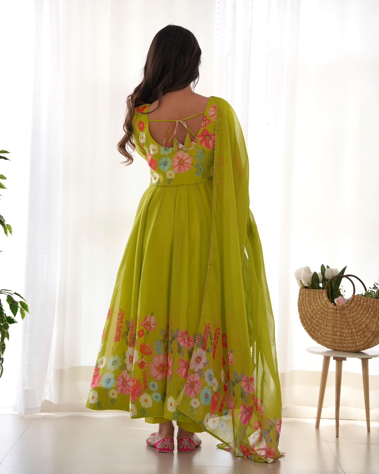 Neon Floral Anarkali Suit Pant Dupatta