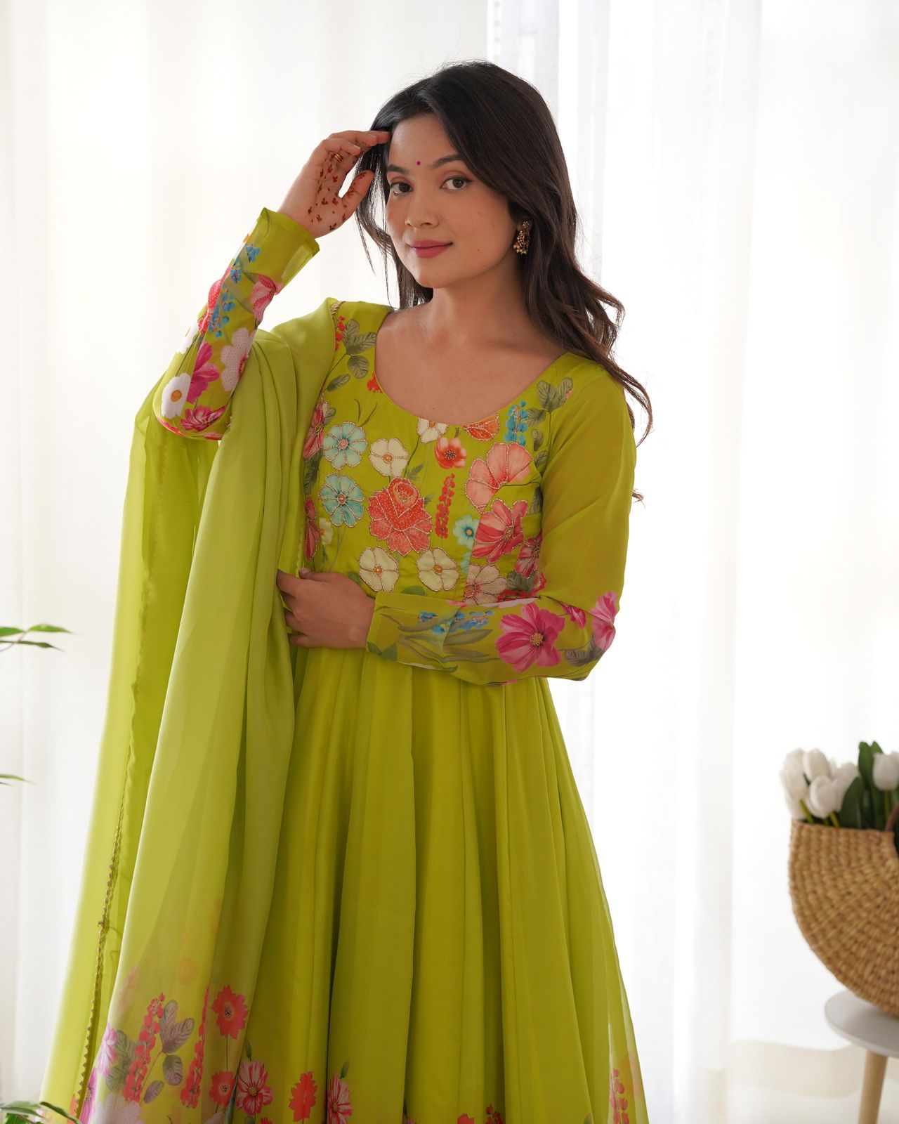 Neon Floral Anarkali Suit Pant Dupatta