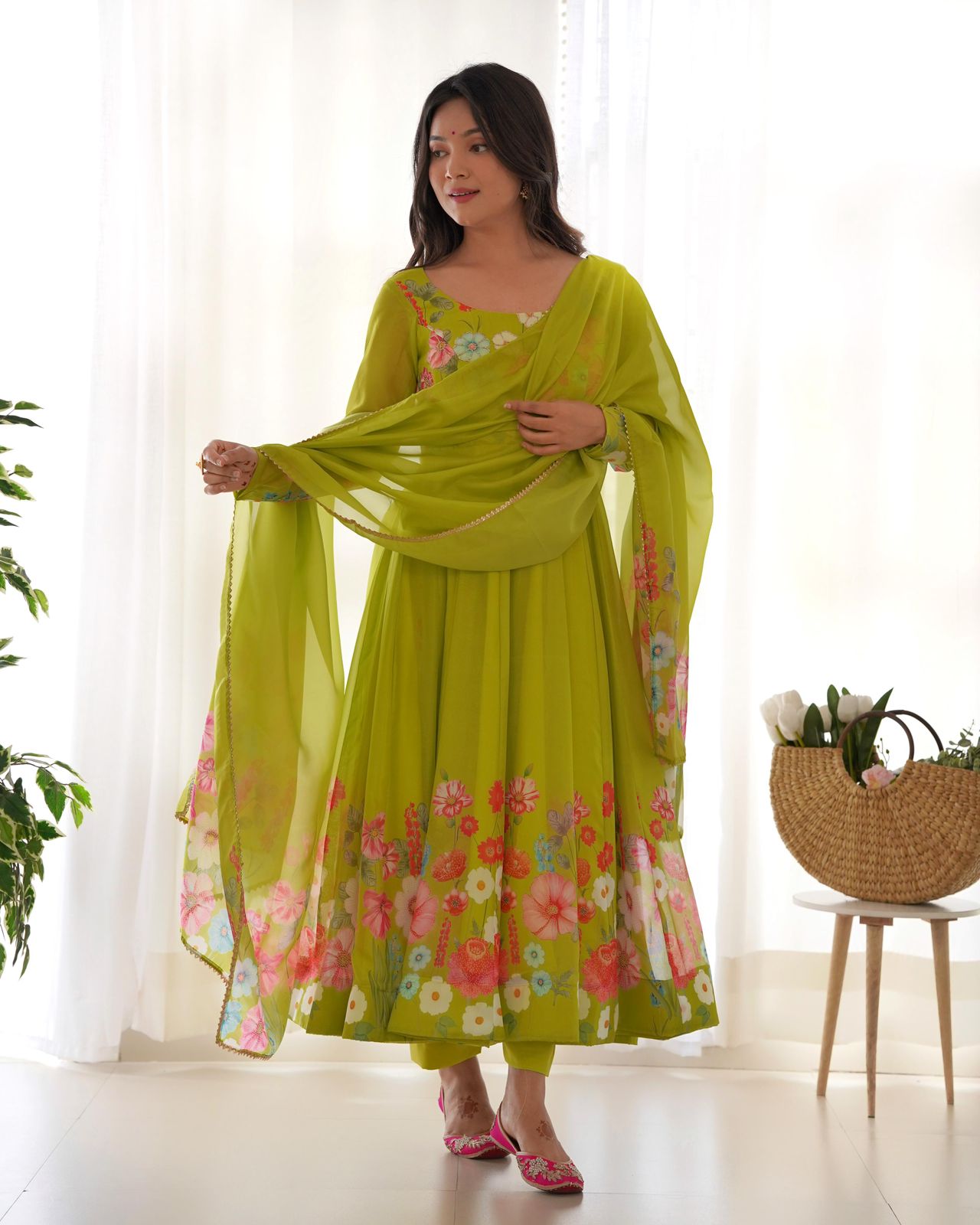 Neon Floral Anarkali Suit Pant Dupatta