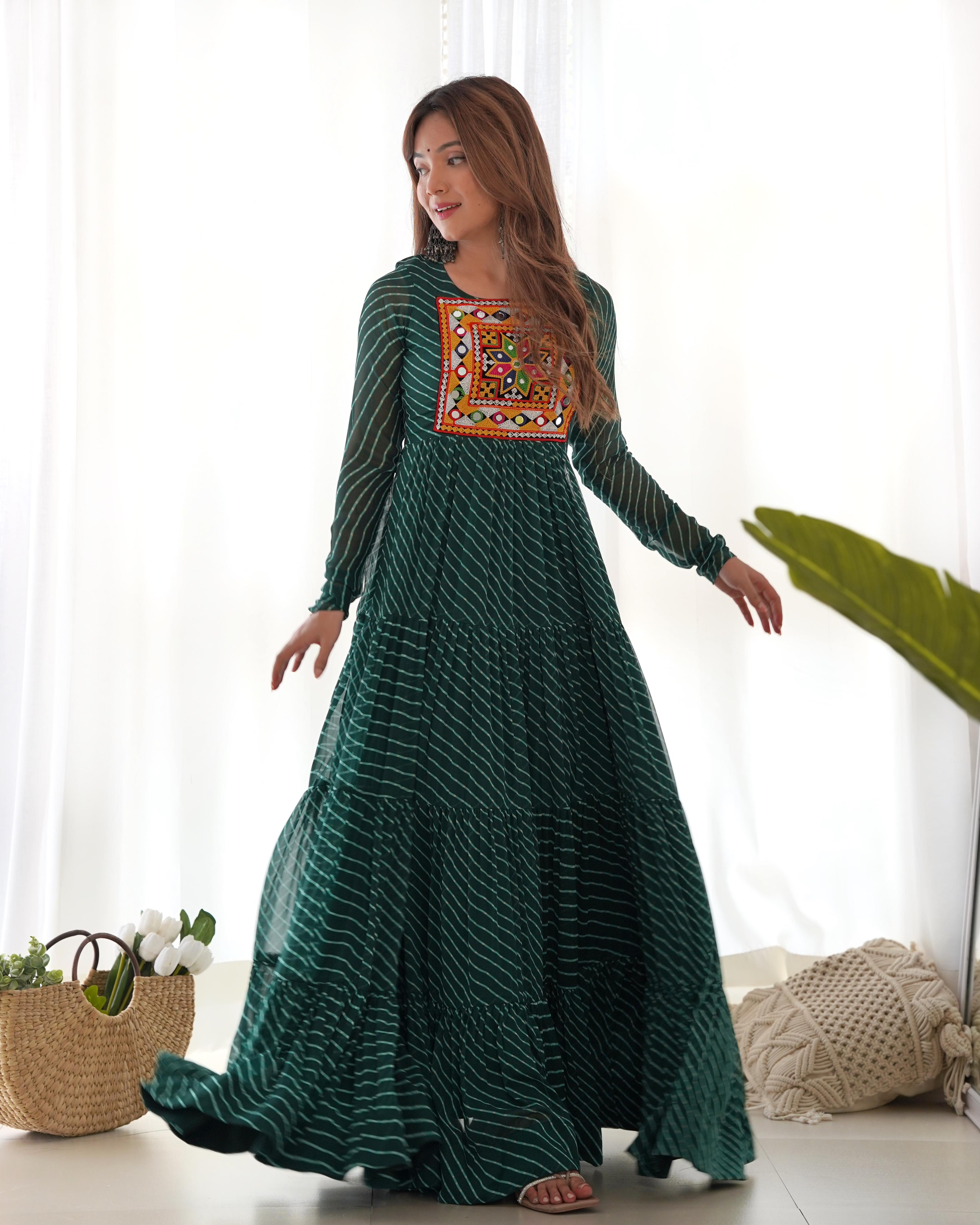 Green Navratri Special Lehariya Printed Anarkali Gown