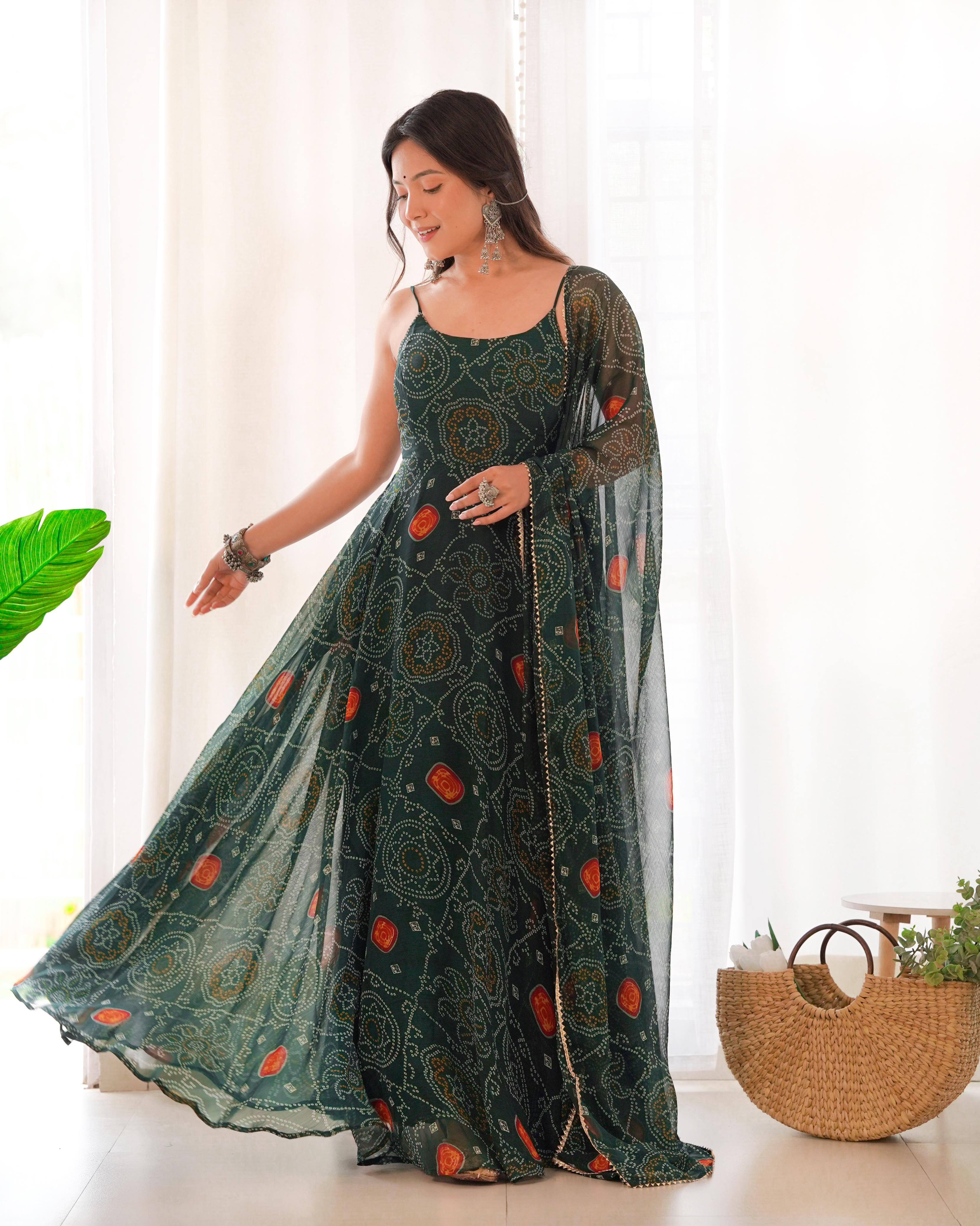 Green Backless Dori Pattern Bandhani Print Anarkali Gown