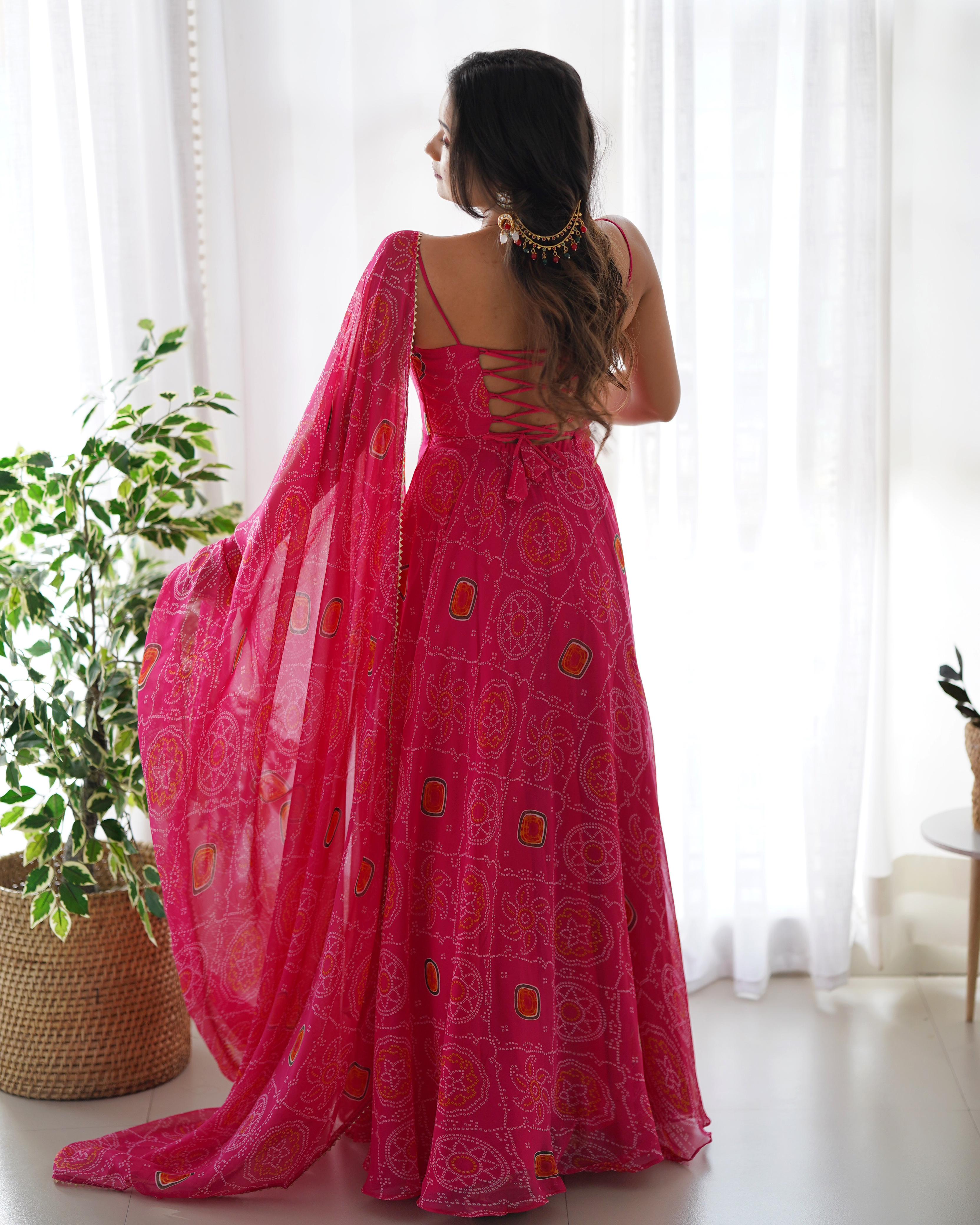 Pink Backless Dori Pattern Bandhani Print Anarkali Gown