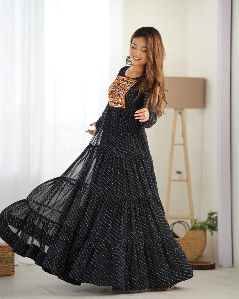 Black Navratri Lehariya Printed Anarkali Gown