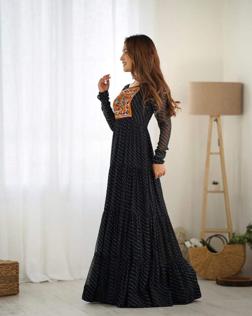 Black Navratri Lehariya Printed Anarkali Gown