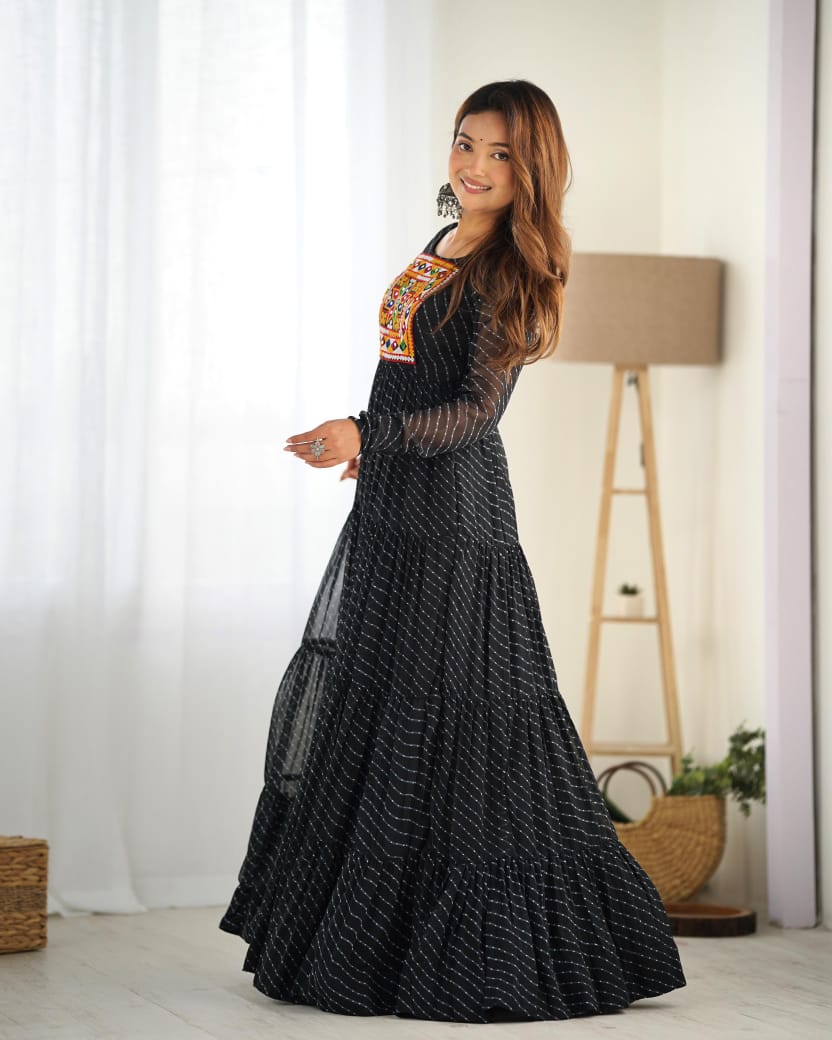 Black Navratri Lehariya Printed Anarkali Gown