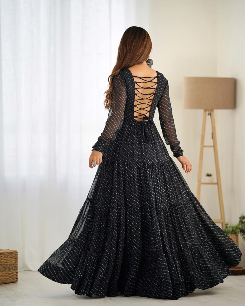 Black Navratri Lehariya Printed Anarkali Gown