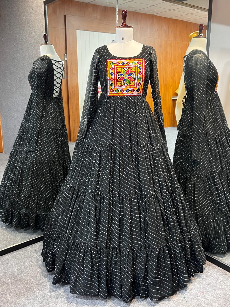 Black Navratri Lehariya Printed Anarkali Gown