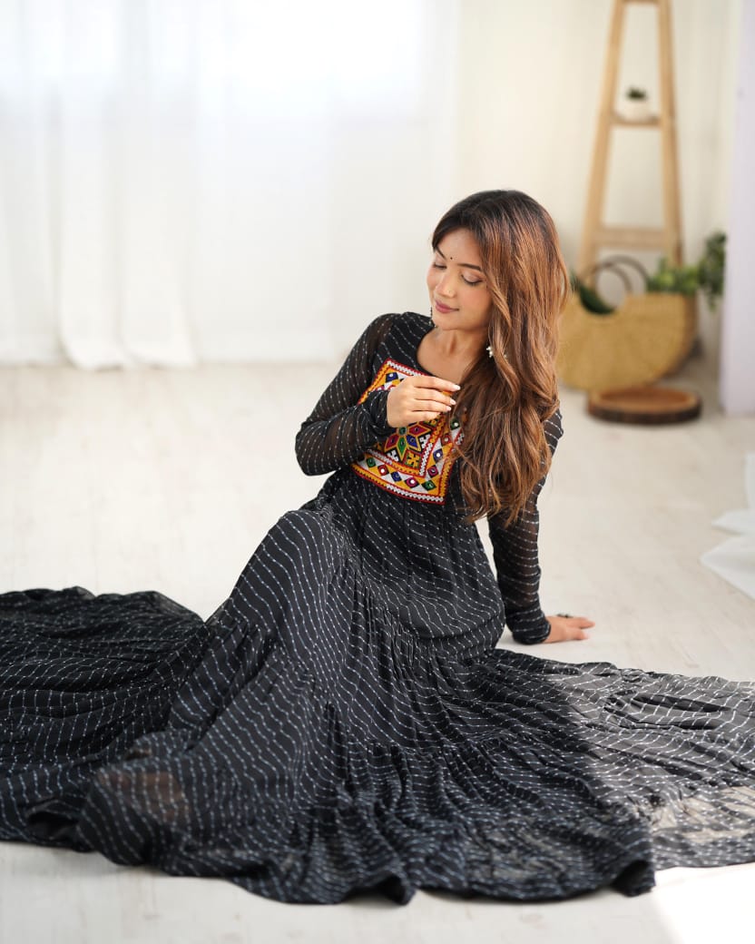 Black Navratri Lehariya Printed Anarkali Gown