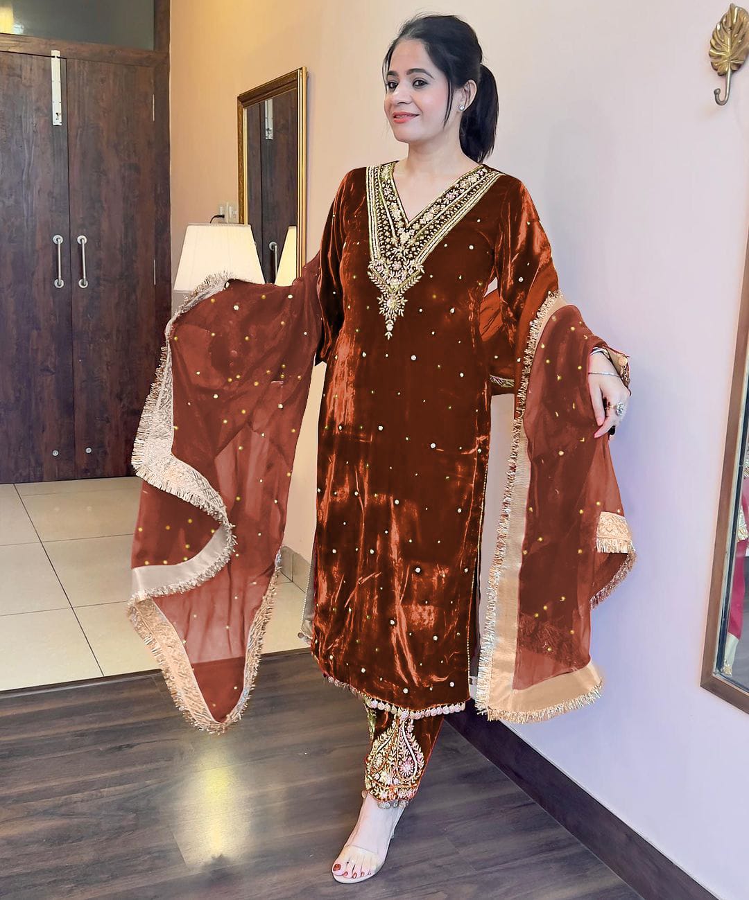 Rust Orange Pakistani Velvet Suit