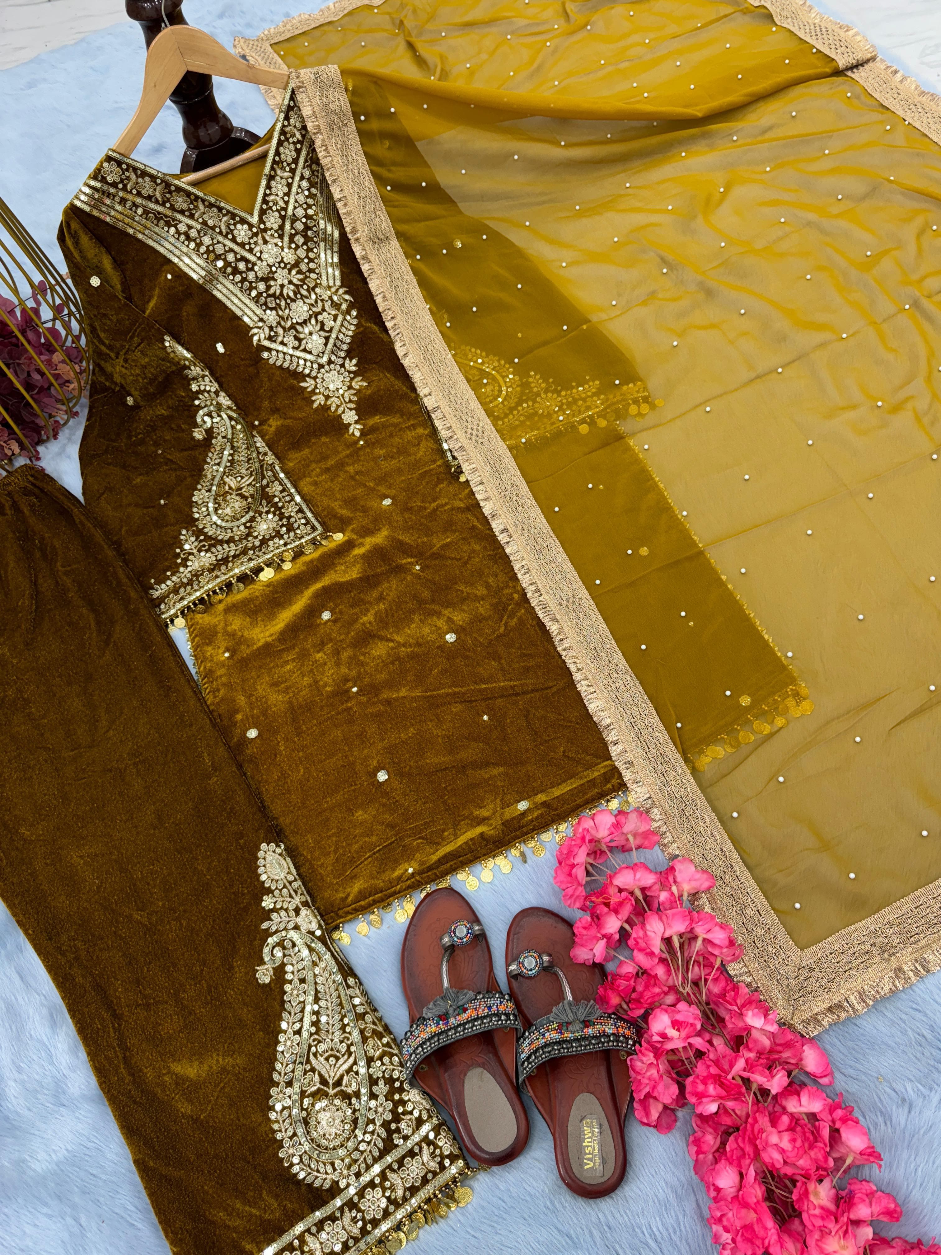 Yellow Pakistani Velvet Suit