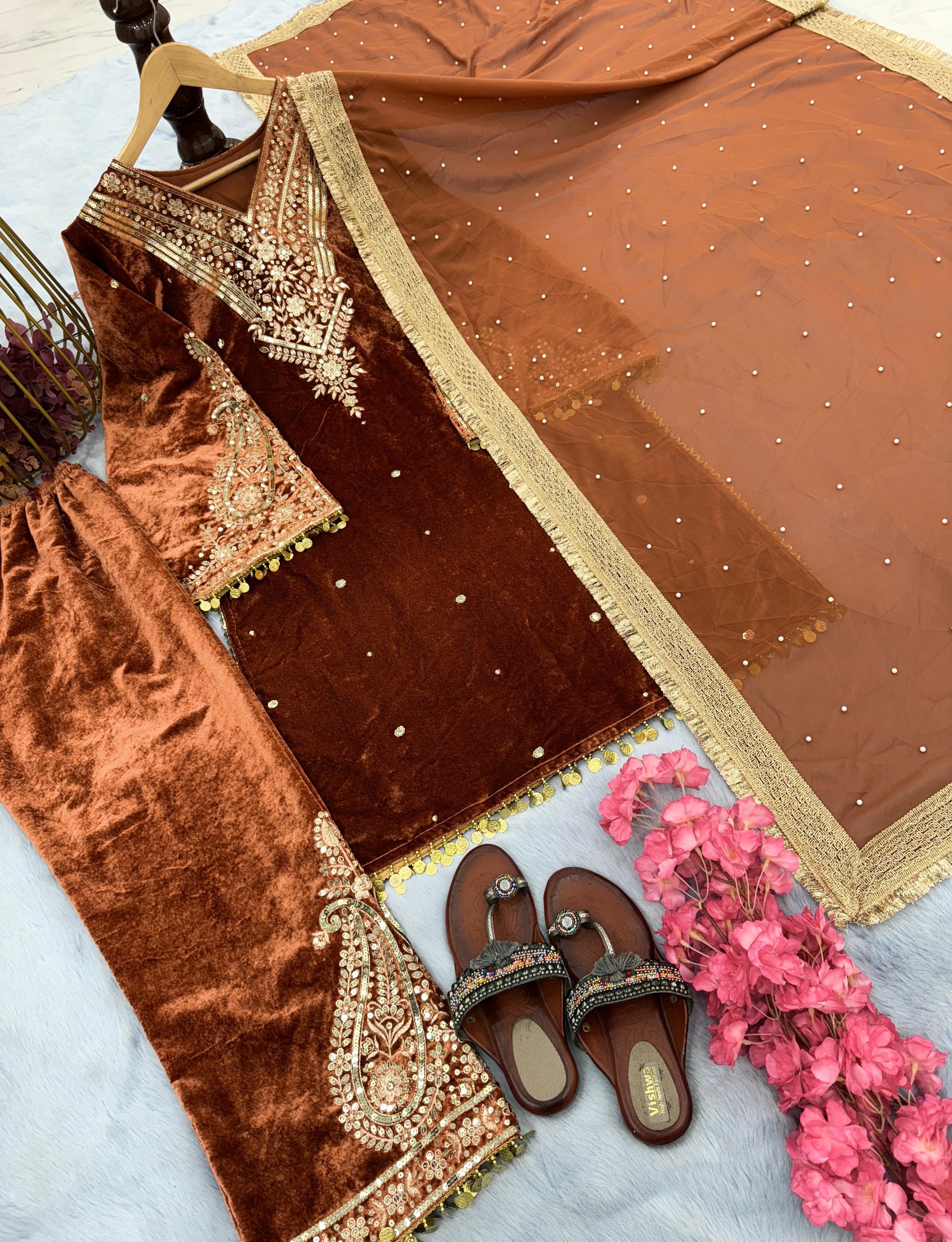 Rust Orange Pakistani Velvet Suit