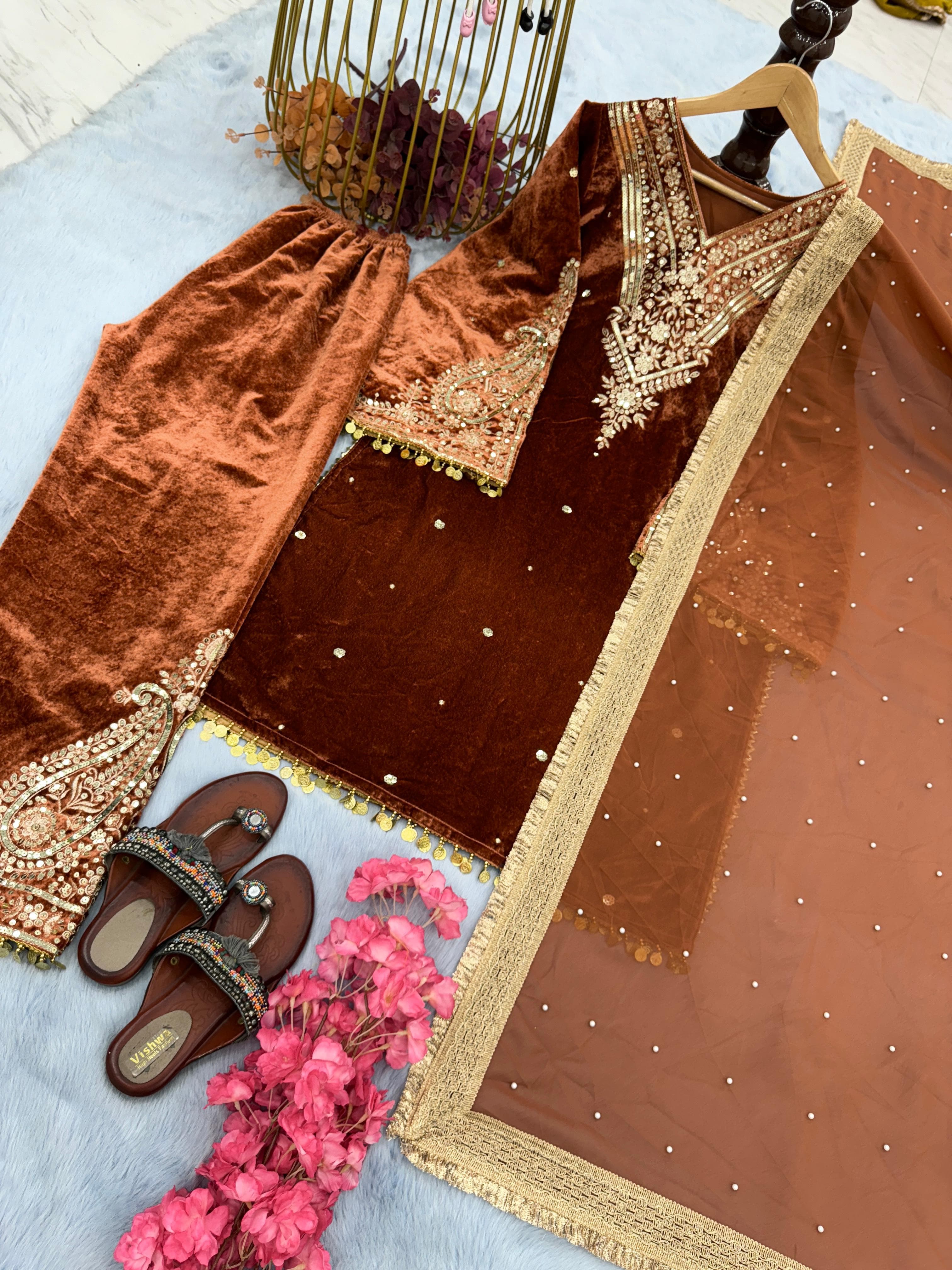 Rust Orange Pakistani Velvet Suit