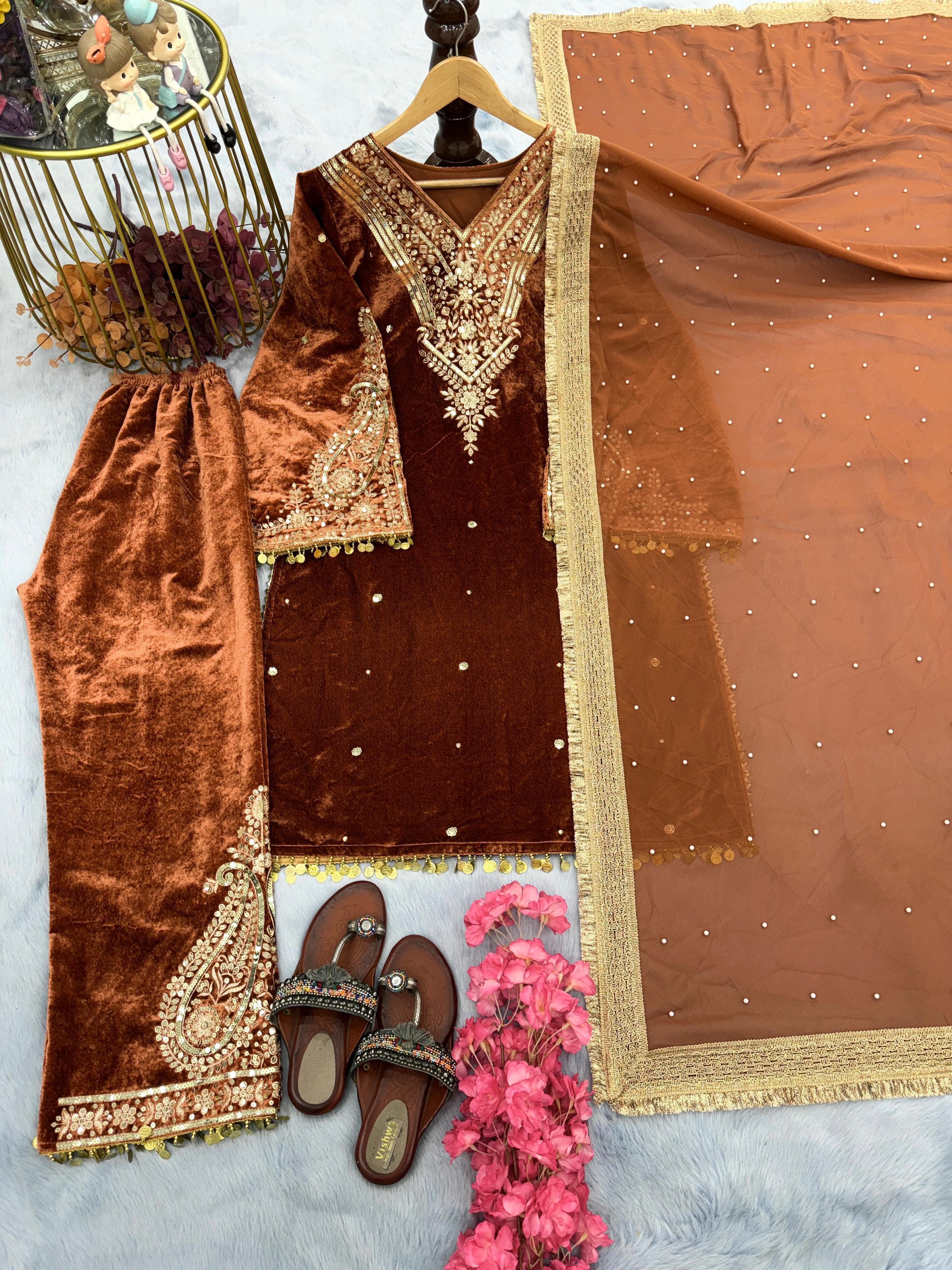 Rust Orange Pakistani Velvet Suit