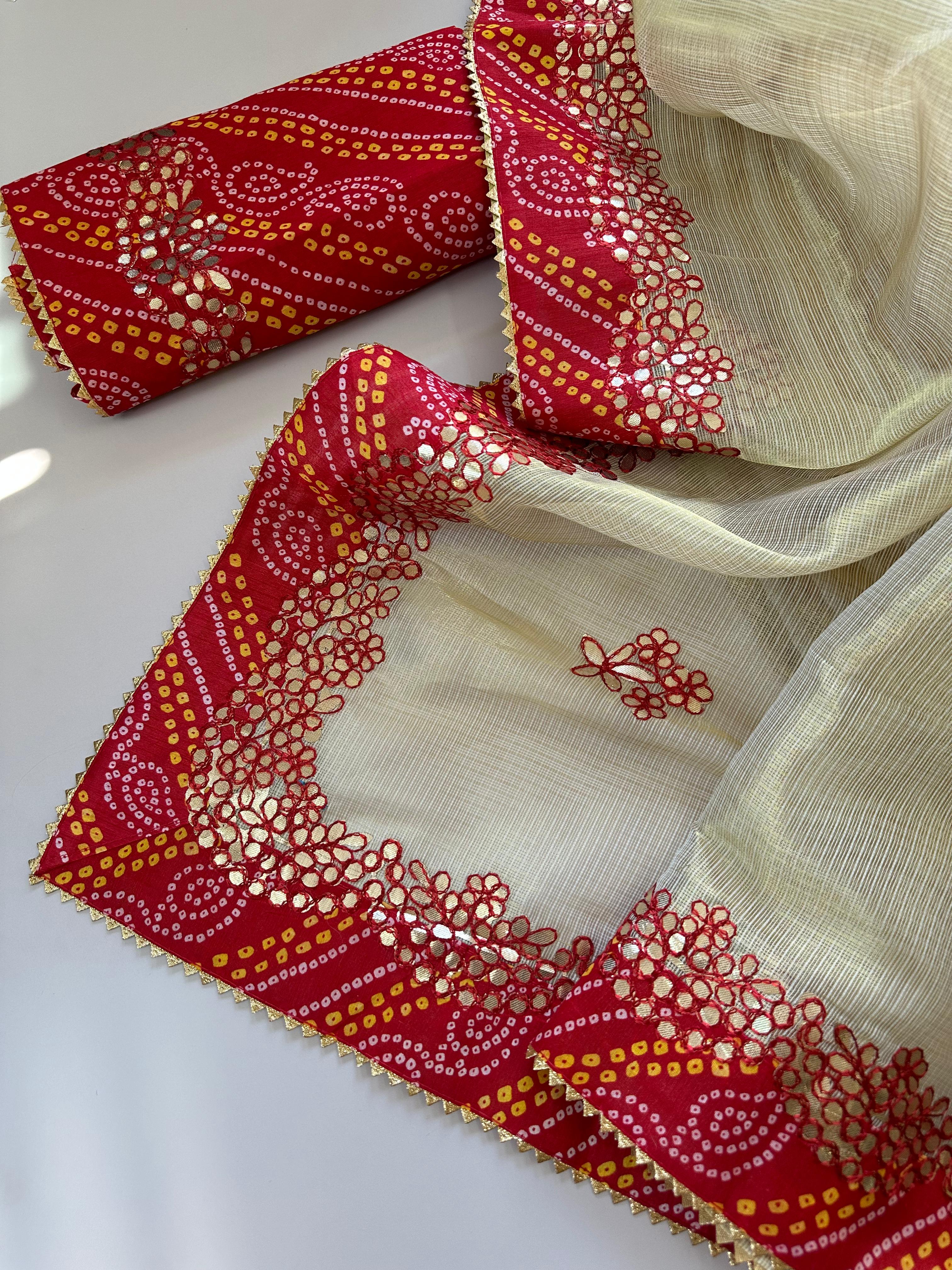 Weaved Zari Kota Doriya Saree with Gotapatti & Bandhani Border | Jodha