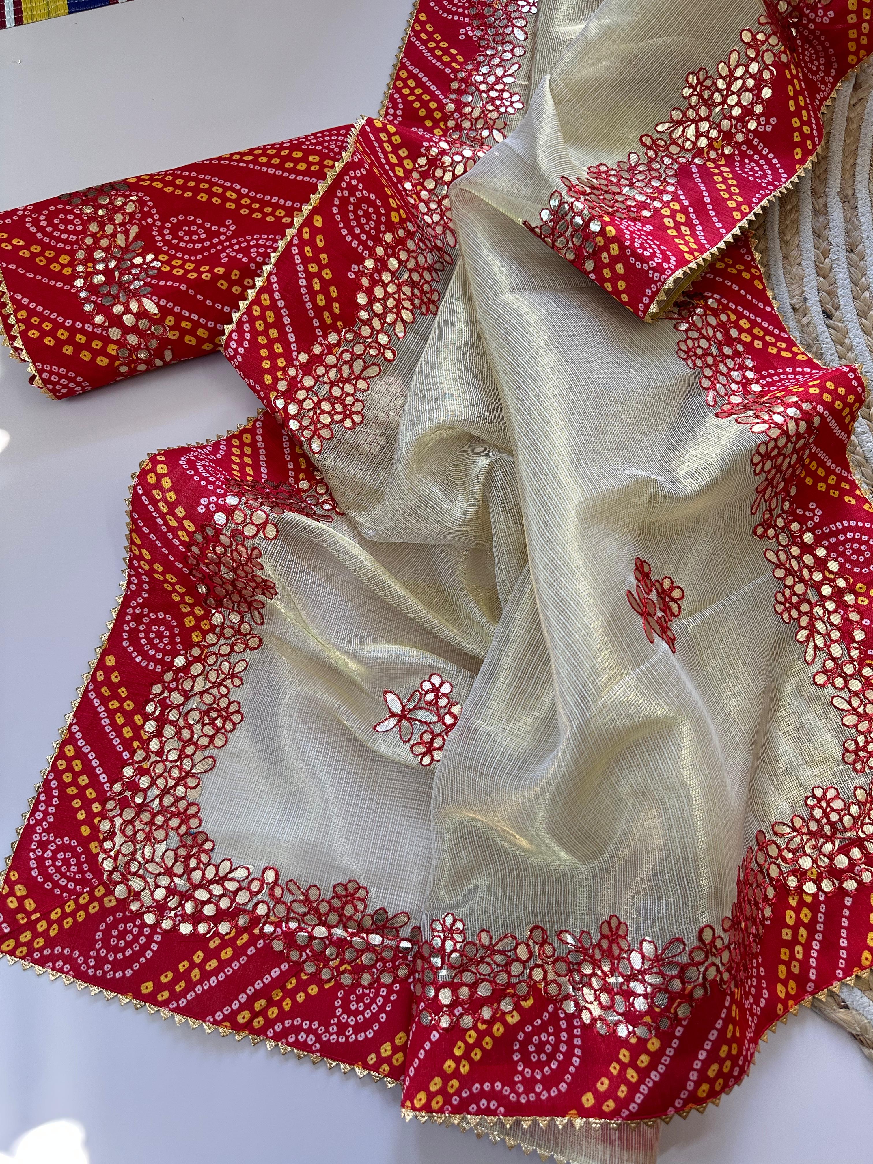 Weaved Zari Kota Doriya Saree with Gotapatti & Bandhani Border | Jodha