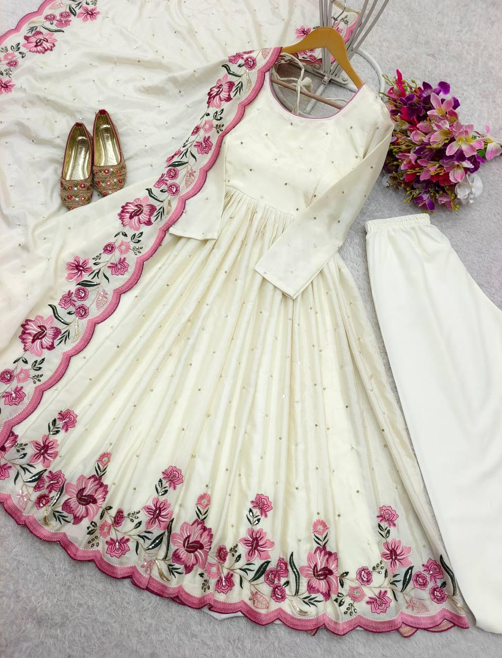 Partywear Heavy Pure Chinon Silk Embroidered Gown Pant Dupatta Set for Women
