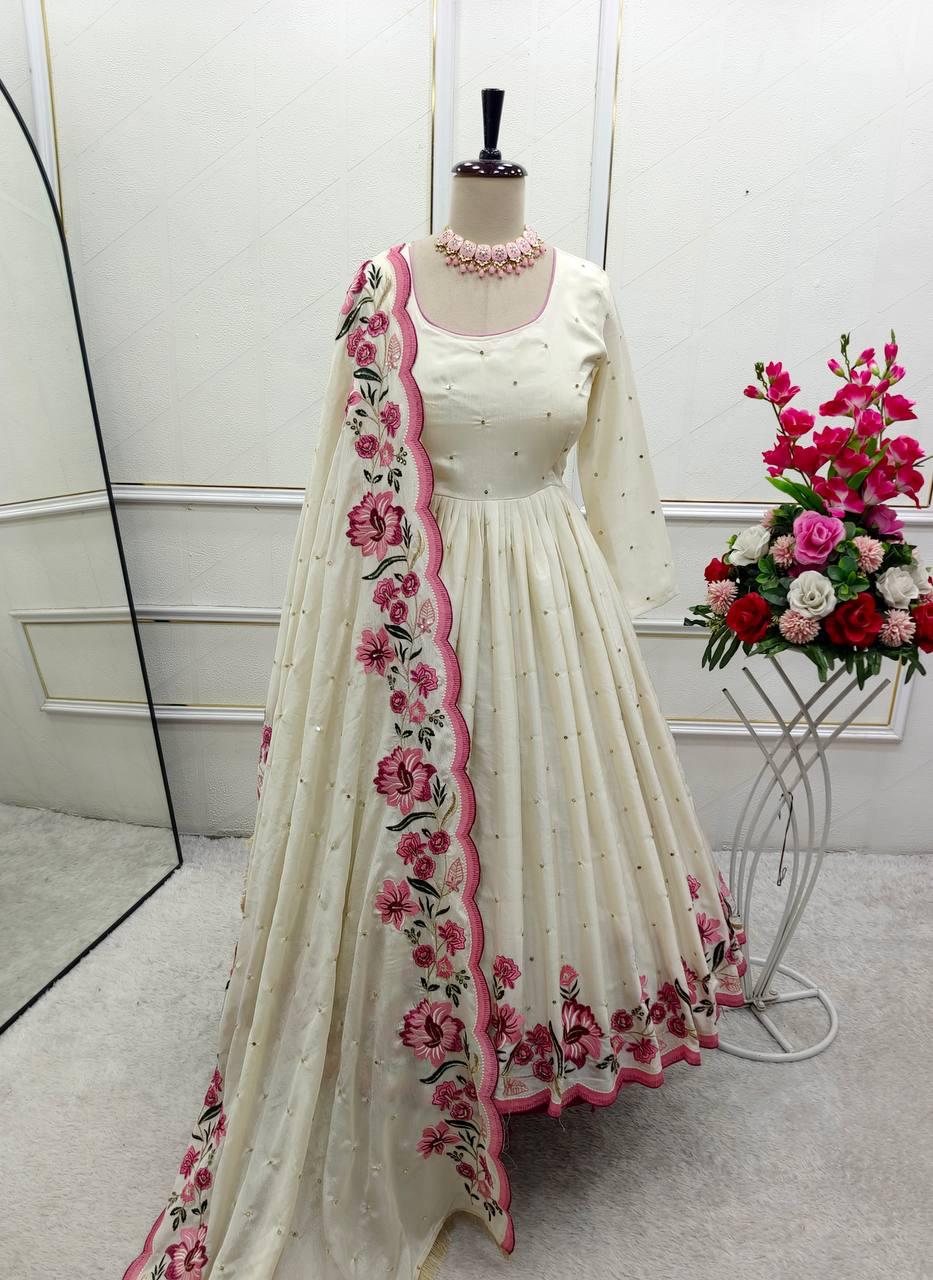 Partywear Heavy Pure Chinon Silk Embroidered Gown Pant Dupatta Set for Women