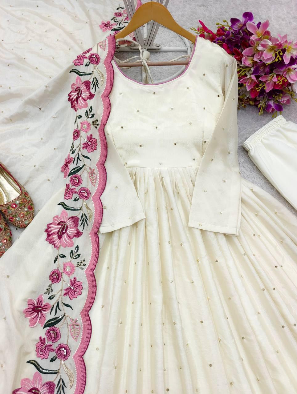 Partywear Heavy Pure Chinon Silk Embroidered Gown Pant Dupatta Set for Women