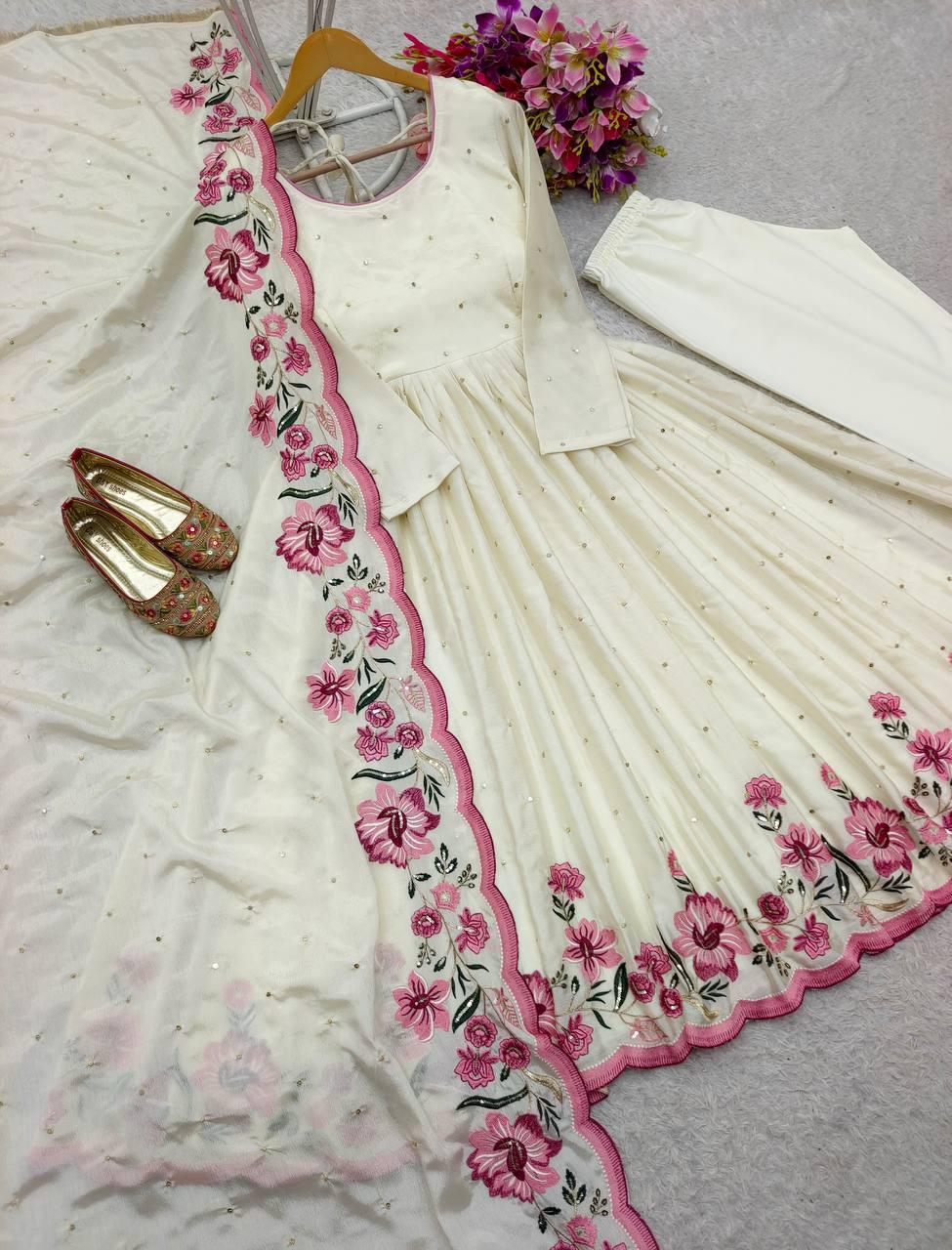 Partywear Heavy Pure Chinon Silk Embroidered Gown Pant Dupatta Set for Women