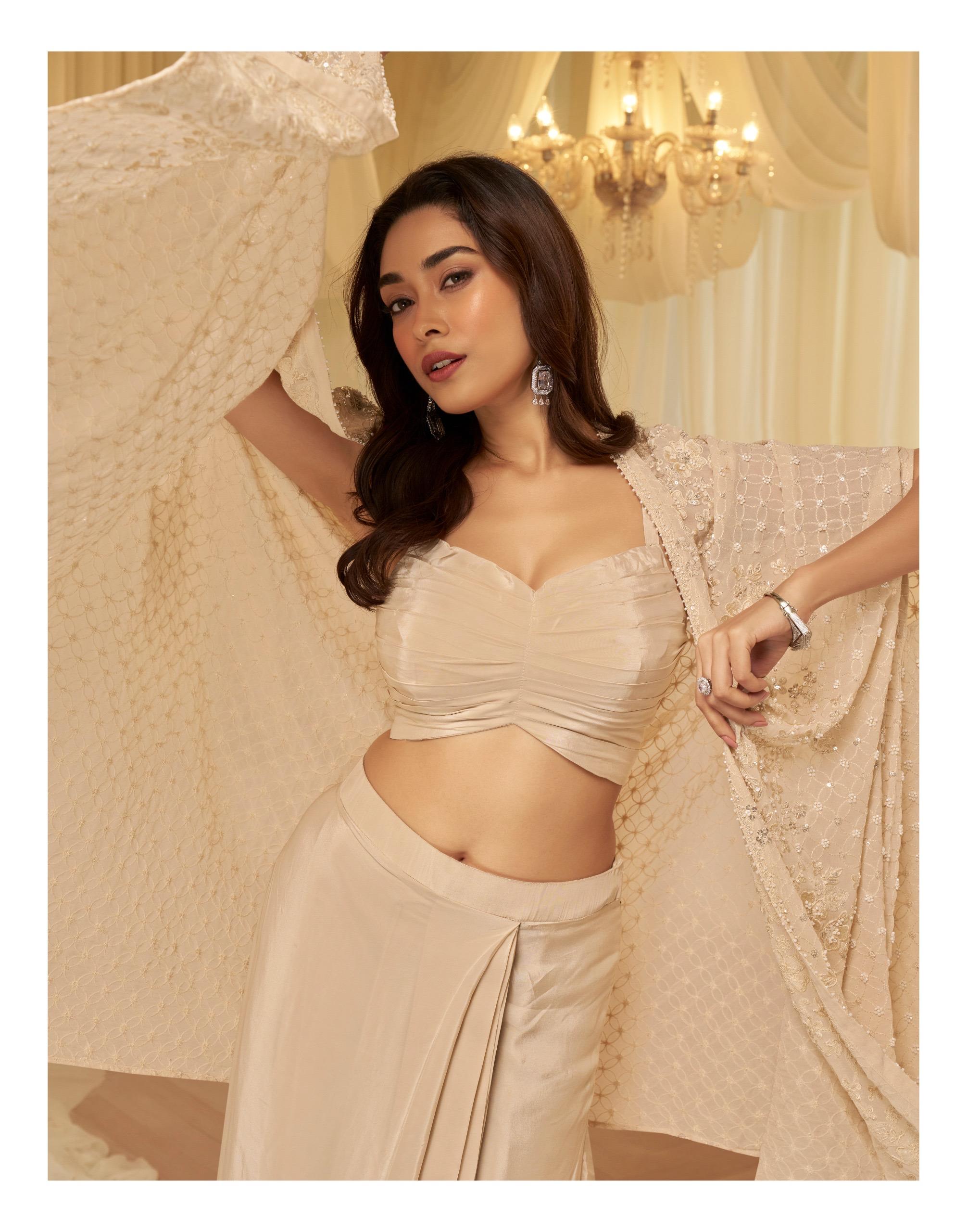 Partywear Real Georgette Embroidered Set with Jacket & Cowl Palazzo