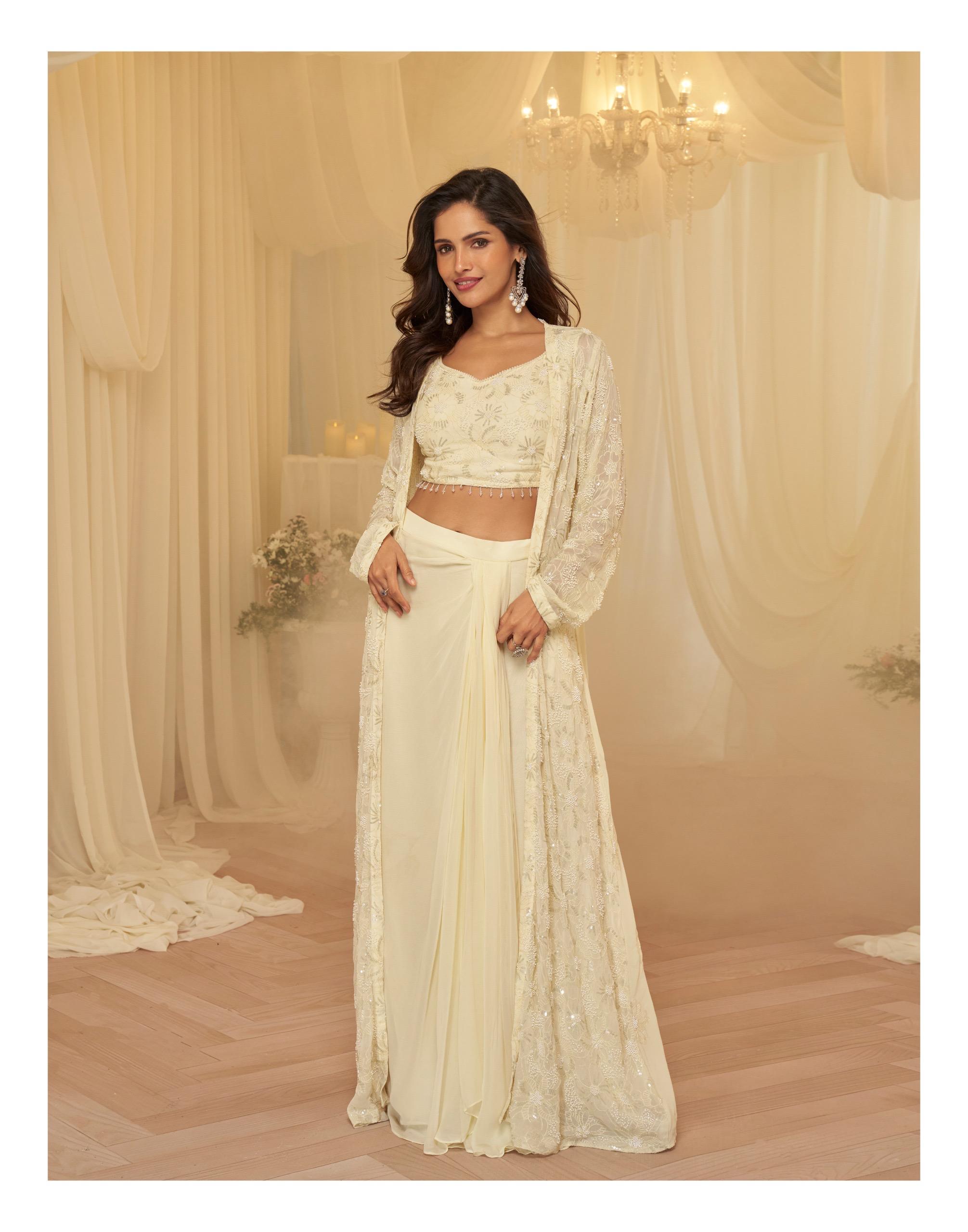 Partywear Real Georgette Embroidered Set with Jacket & Cowl Palazzo