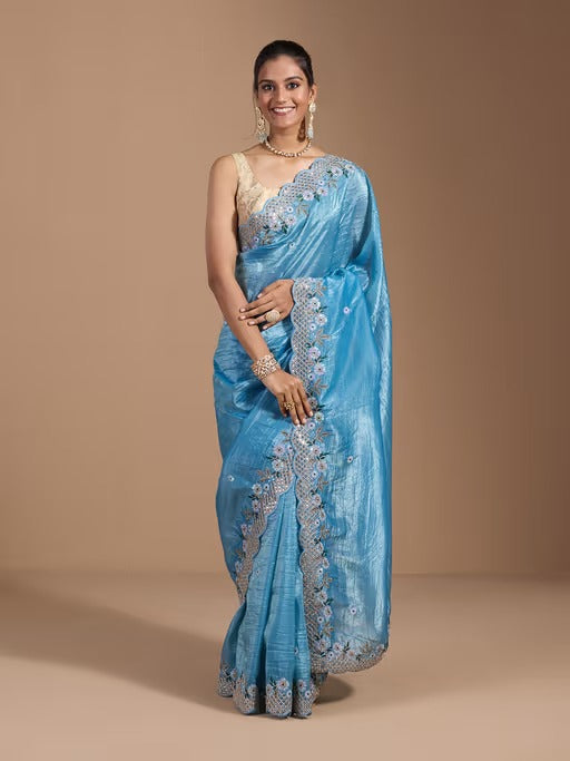 Ocean blue Wedding Gold Crush Saree