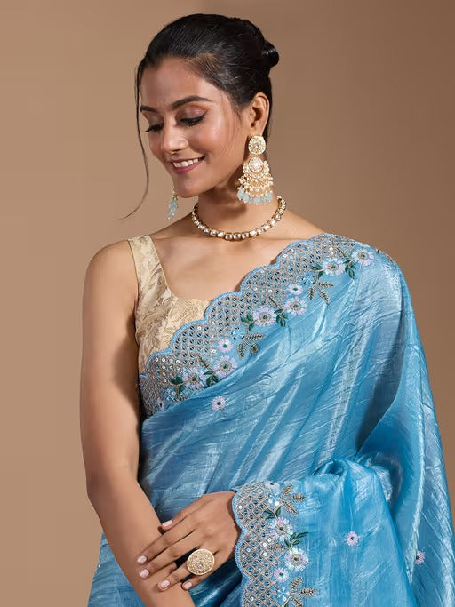 Ocean blue Wedding Gold Crush Saree