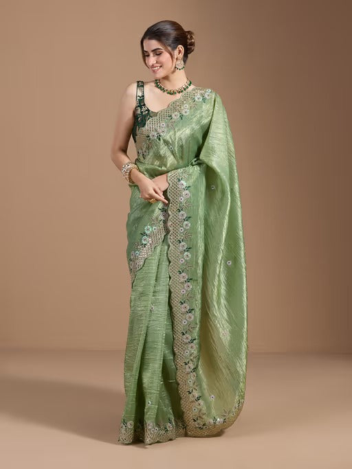 Mint Green Wedding Gold Crush Saree