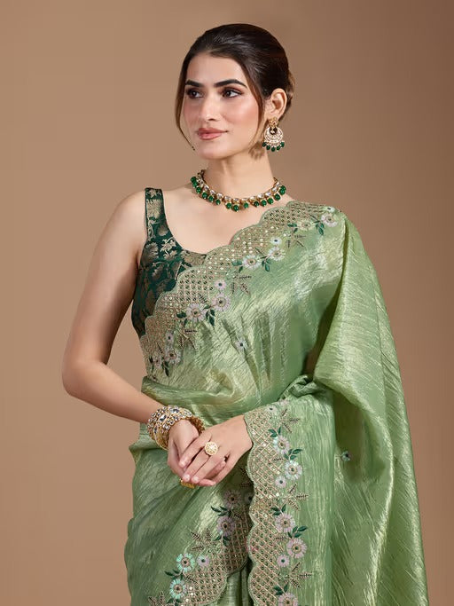 Mint Green Wedding Gold Crush Saree