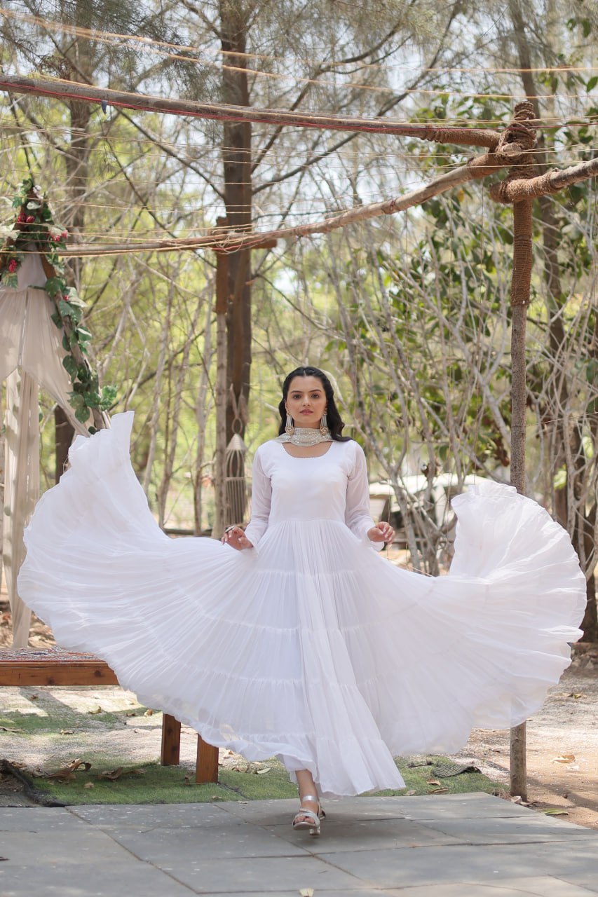 White Color Partywear Flaired Anarkali | Nardev Fashion