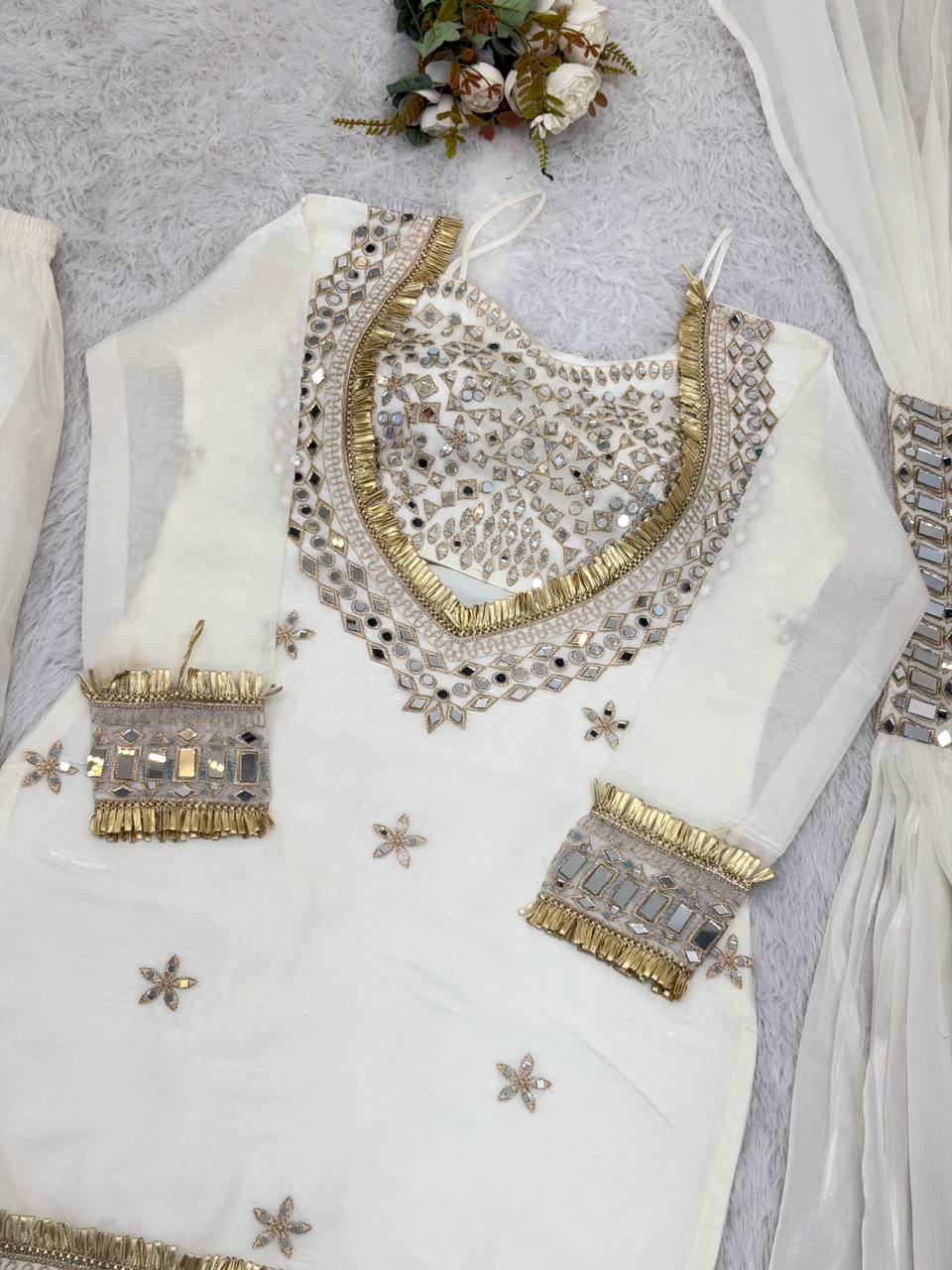 White Fendy Silk Mirror Work Sharara Plazzo Suit Set – Fully Stitched