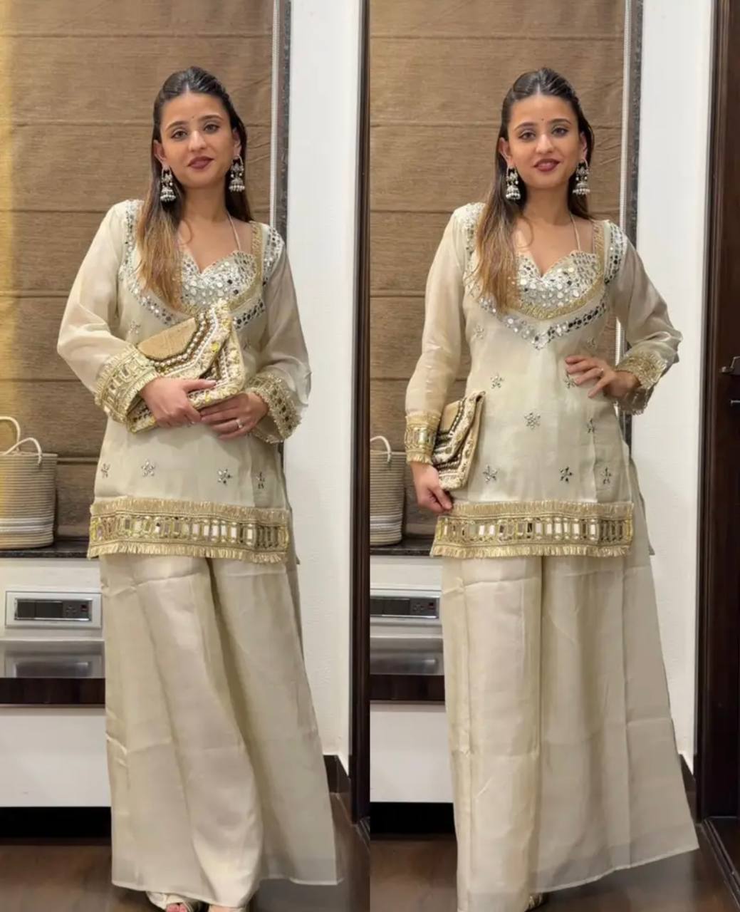 White Fendy Silk Mirror Work Sharara Plazzo Suit Set – Fully Stitched