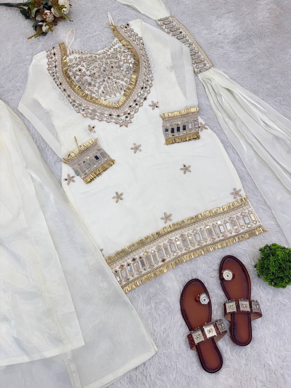 White Fendy Silk Mirror Work Sharara Plazzo Suit Set – Fully Stitched