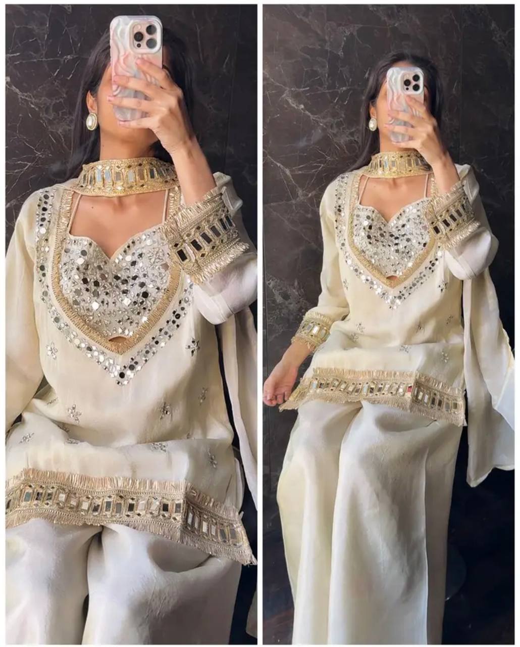 White Fendy Silk Mirror Work Sharara Plazzo Suit Set – Fully Stitched