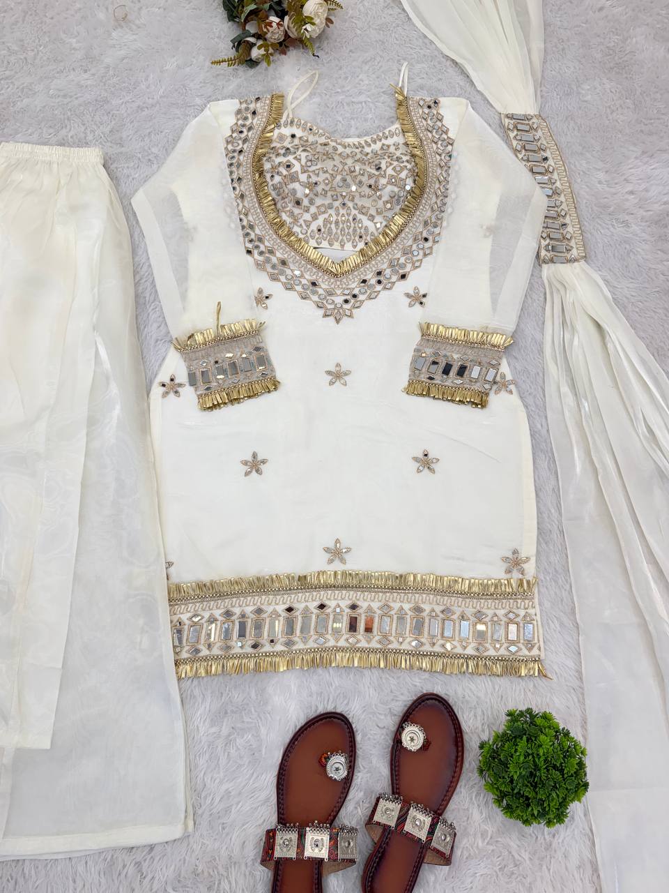 White Fendy Silk Mirror Work Sharara Plazzo Suit Set – Fully Stitched