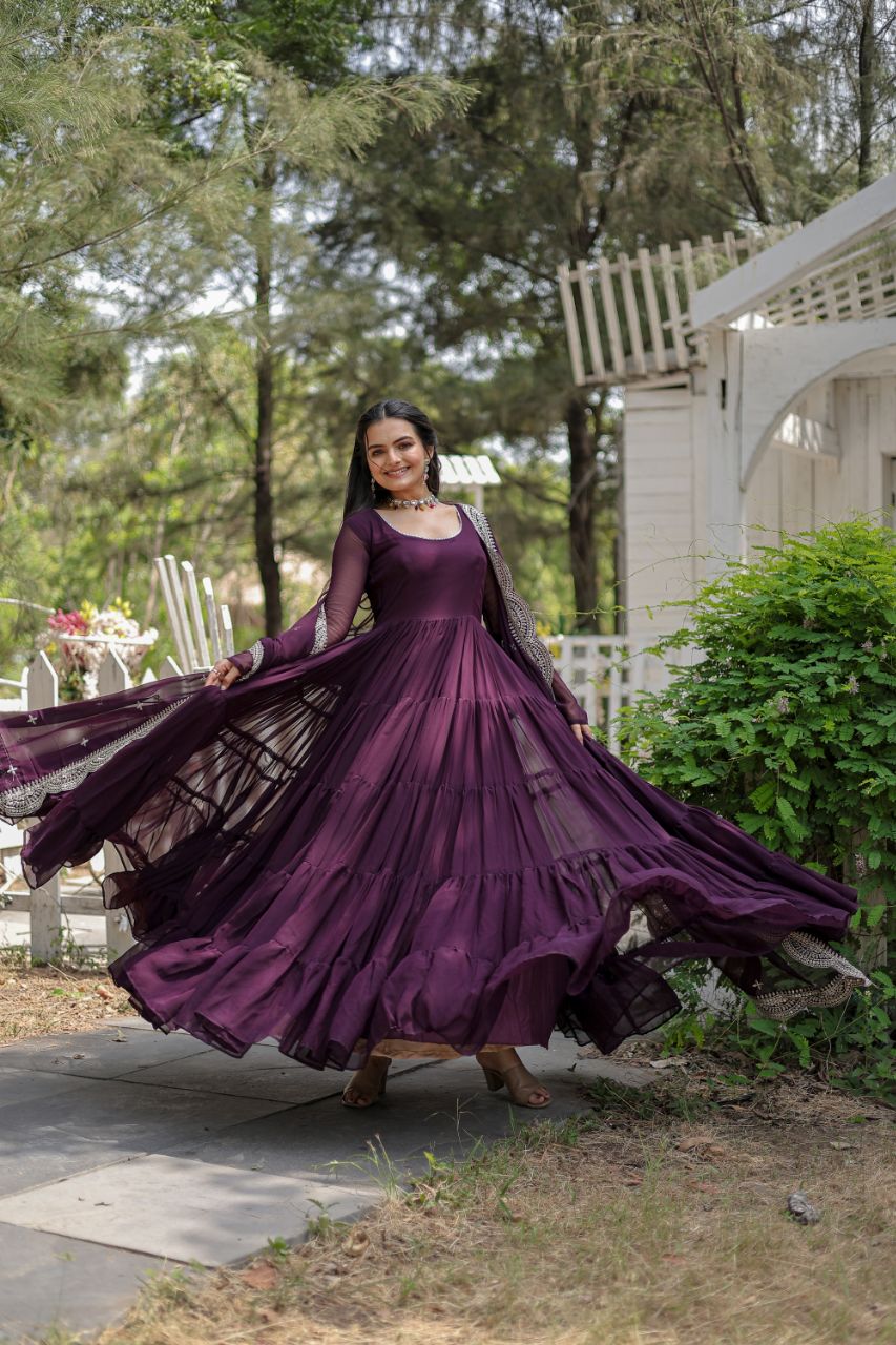 Wine Color Partywear Flaired Anarkali | Nardev Fashion | 12 Meter Flair
