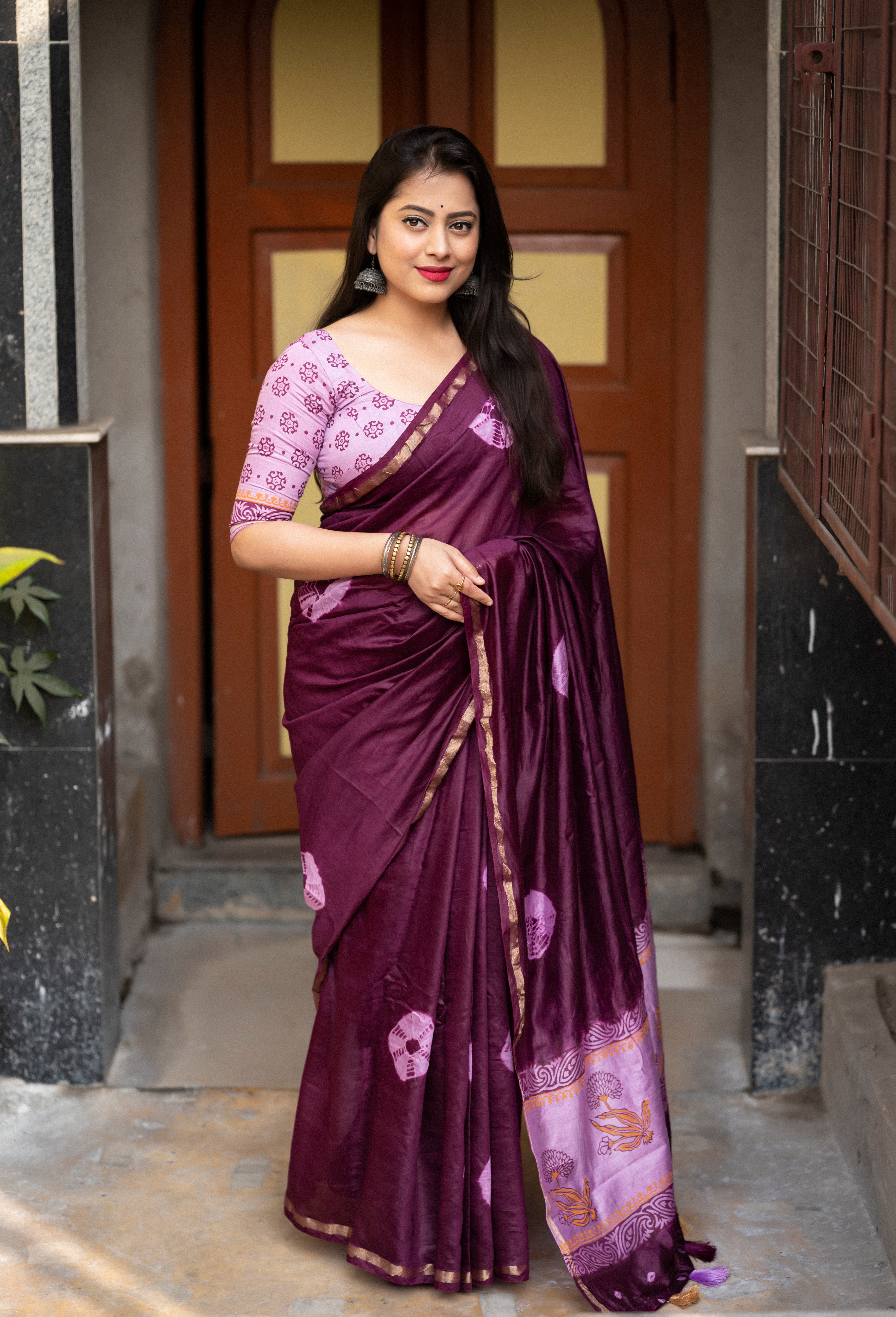 Wine Chanderi Cotton Shibori Print Sari