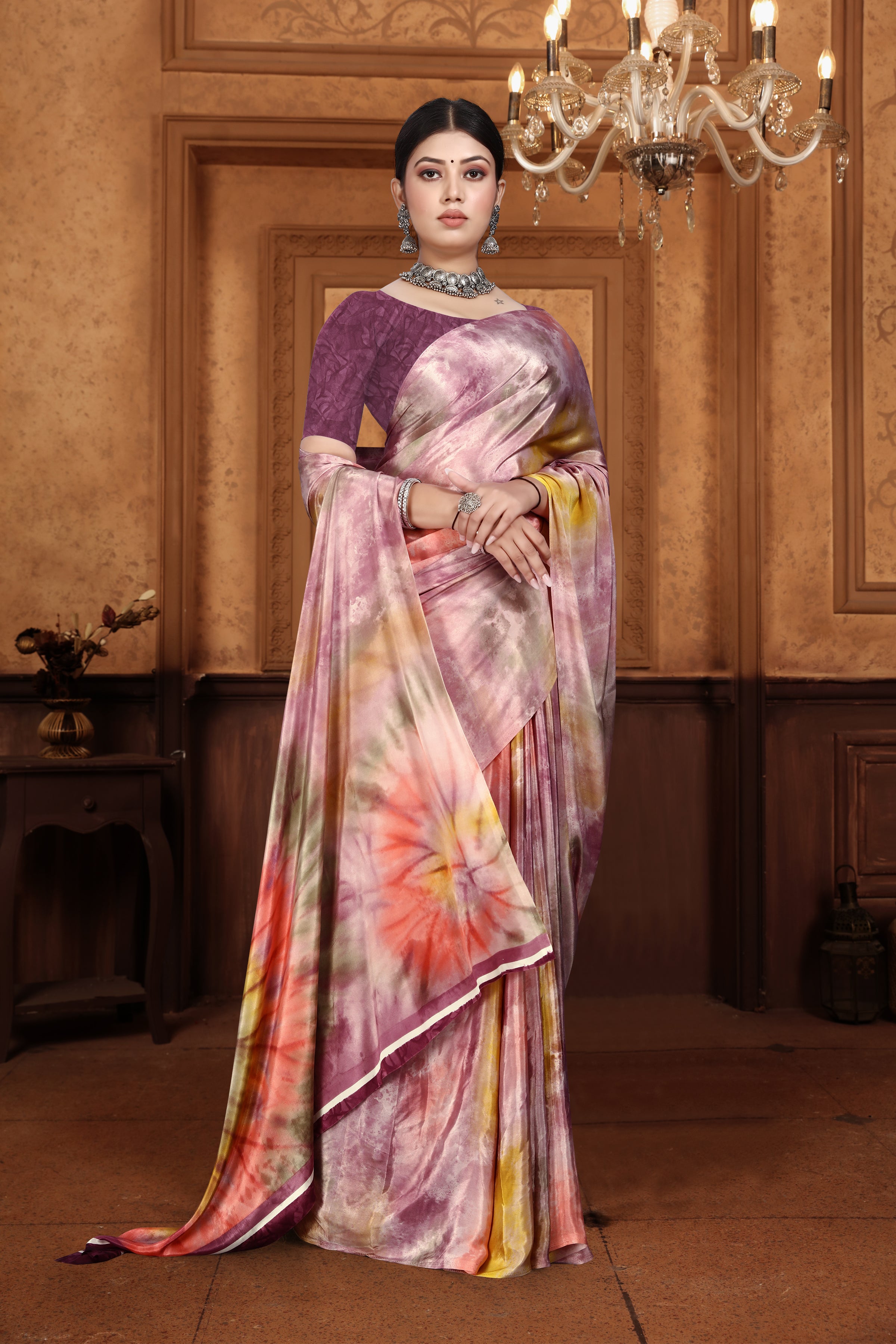 Wine Crepe Silk Saree With Blouse Piece