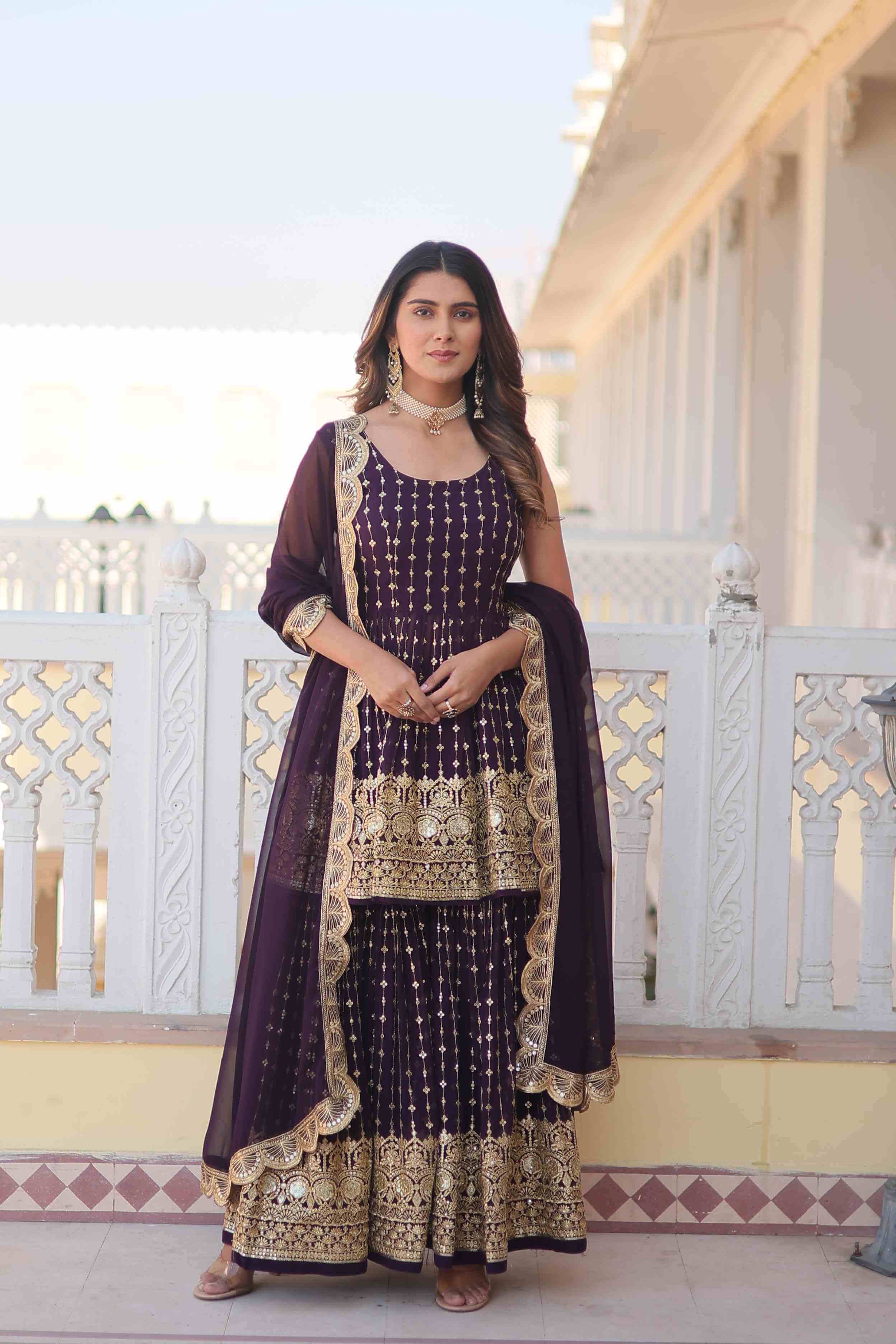 Wine Kurti Gharara with Duppatta