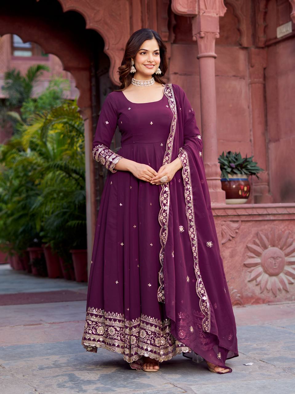 Wine Partywear Anarkali Gown Set with Dupatta & Pant | Nardev Fashion